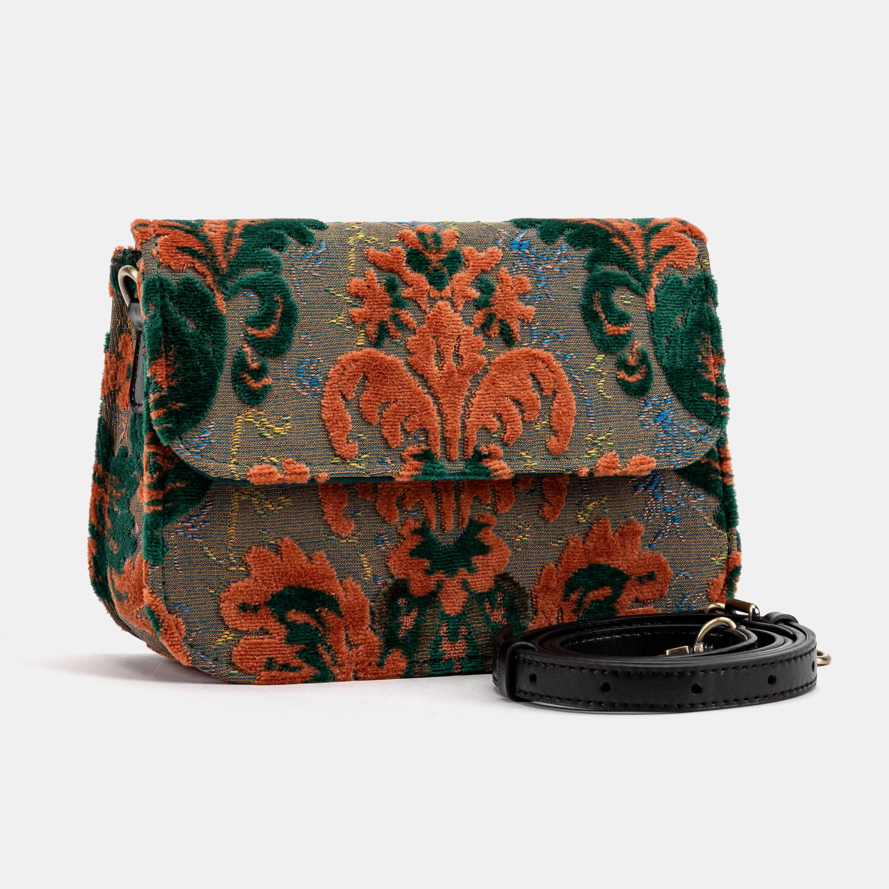 Burnout Velvet Revival Jade Flap Crossbody Bag of America with shoulder strap