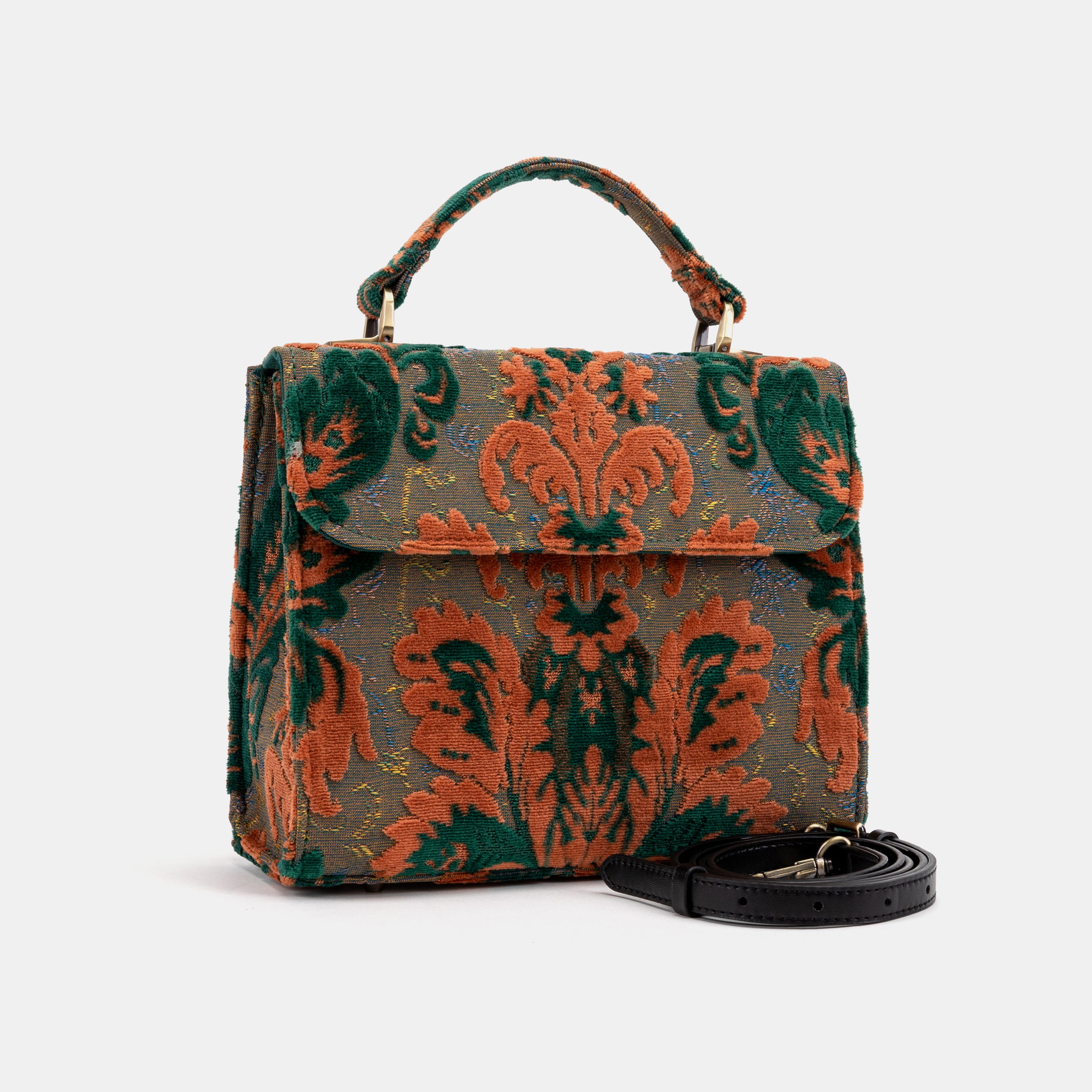Burnout Velvet Revival Jade Flap Satchel of America with shoulder strap