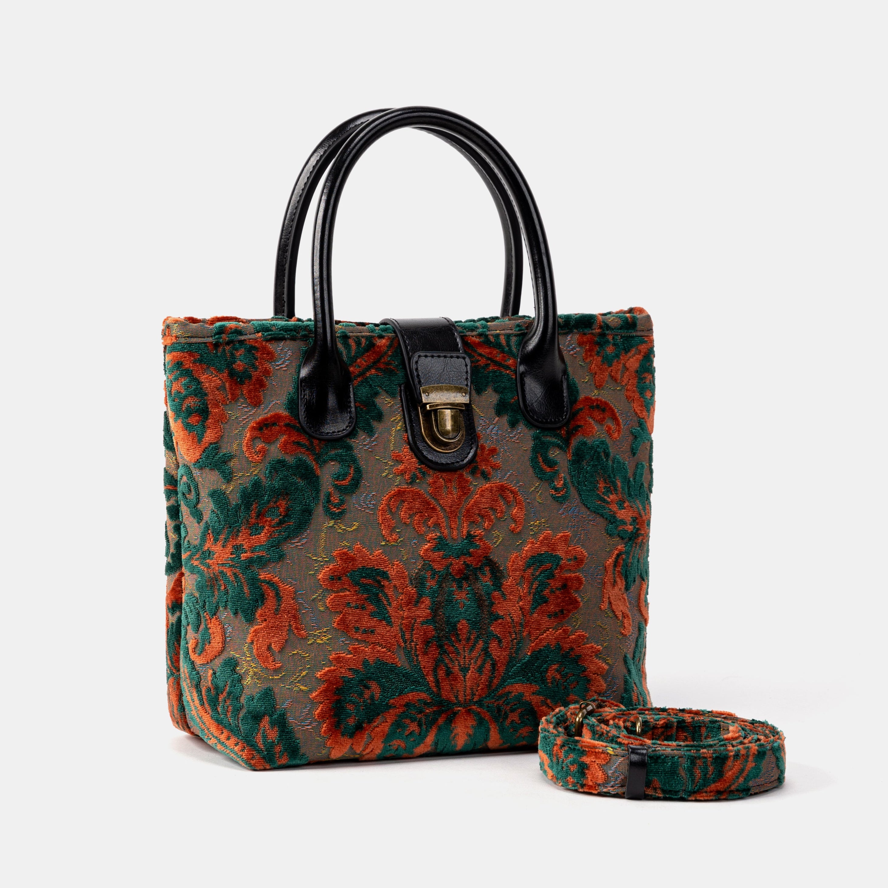 Burnout Velvet Revival Jade Tuck Lock Carpet Satchel of America with strap