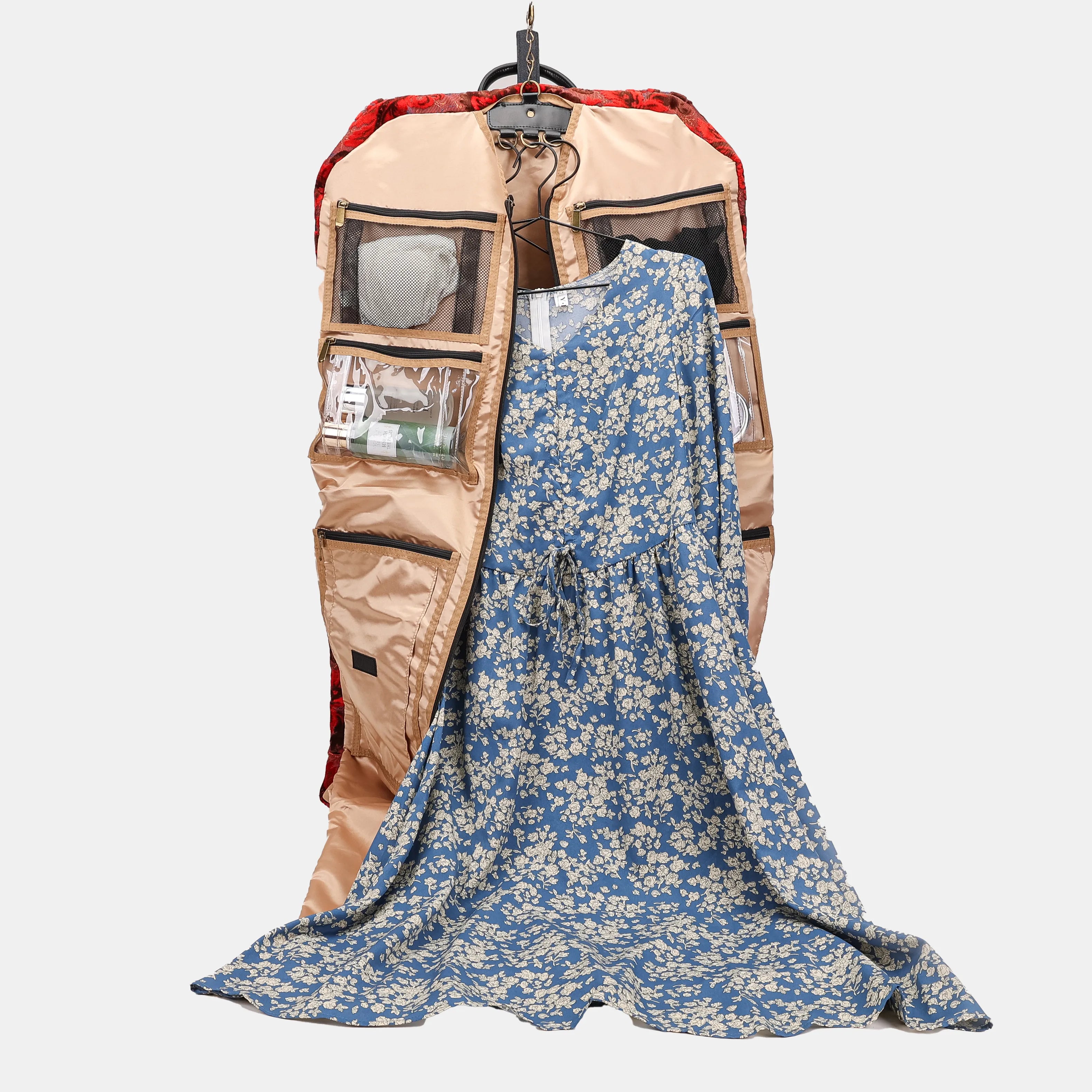 Burnout Velvet Revival Scarlet Carpet Garment Bag Carpetbag of America in use