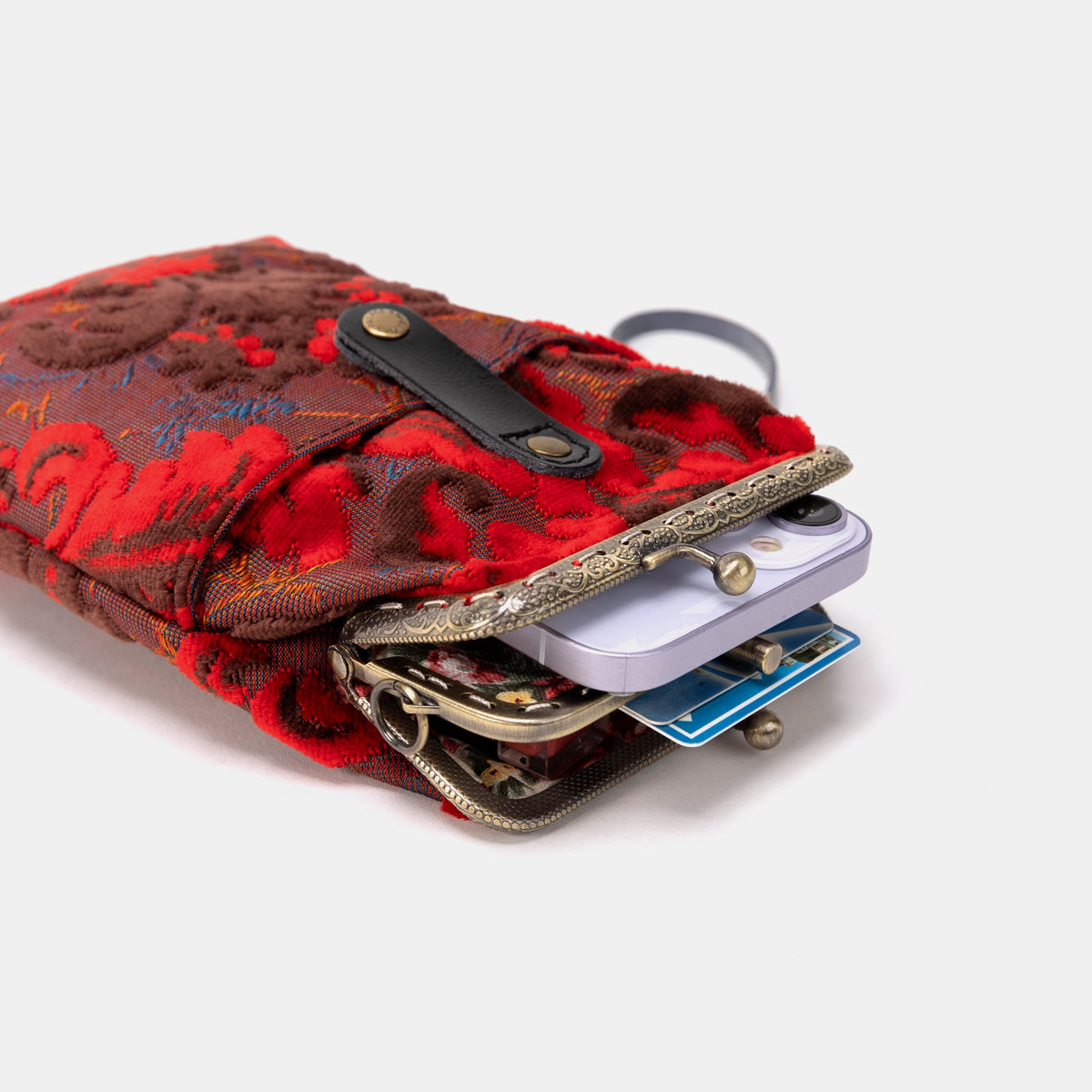 Burnout Velvet Revival Scarlet Carpet Phone Case Carpetbag of America flat lay open mouth with phone
