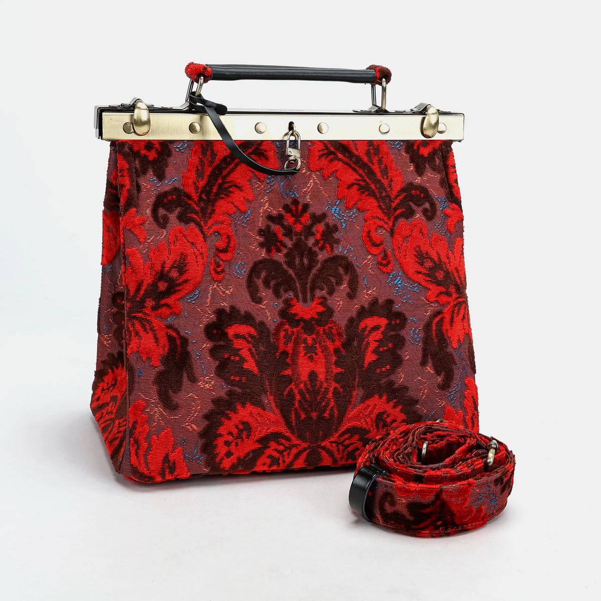 Burnout Velvet Revival Scarlet Cecile Carpet Purse Gladstone Bag with shoulder strap