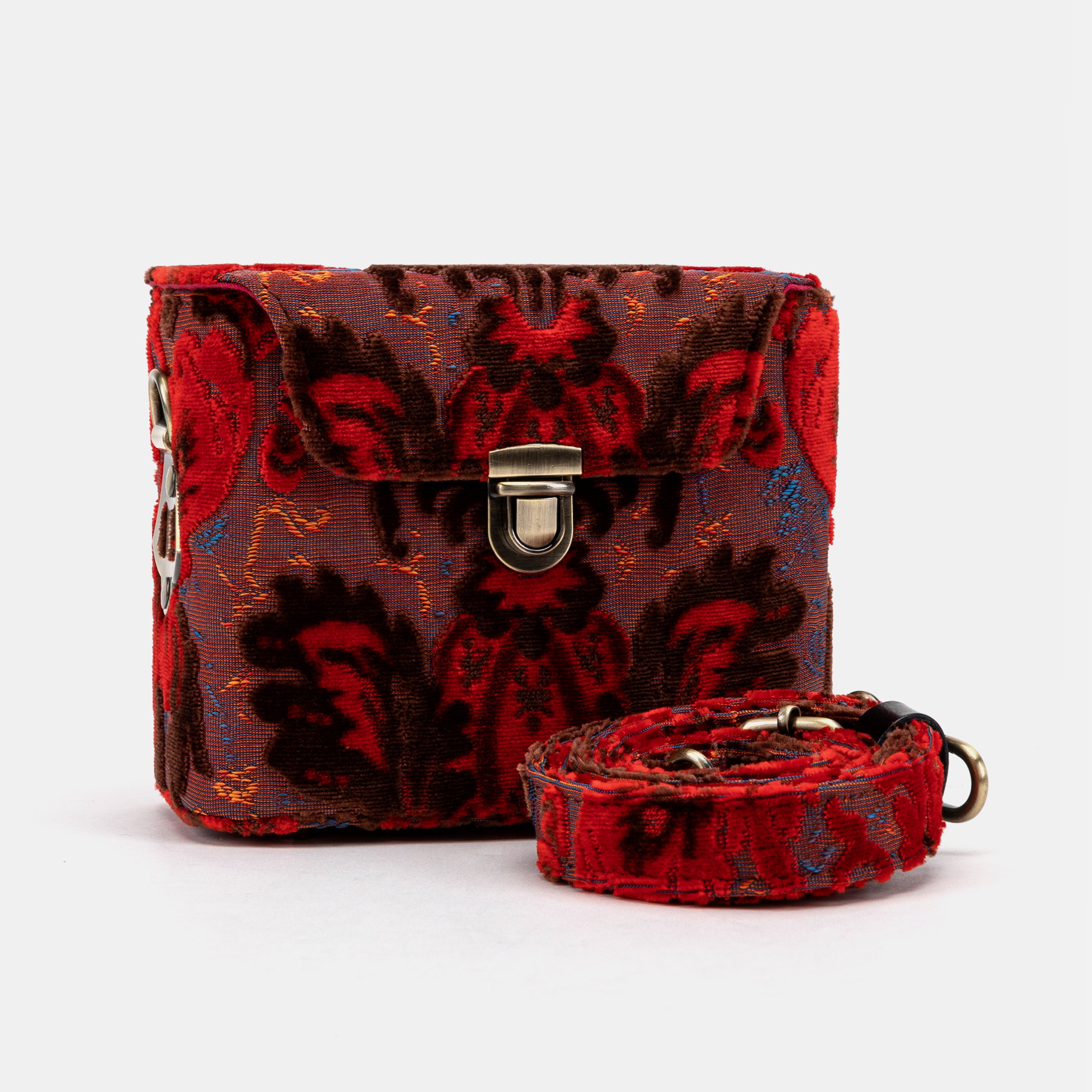 Burnout Velvet Revival Scarlet Emma Small Train Case Crossbody of America with shoulder strap