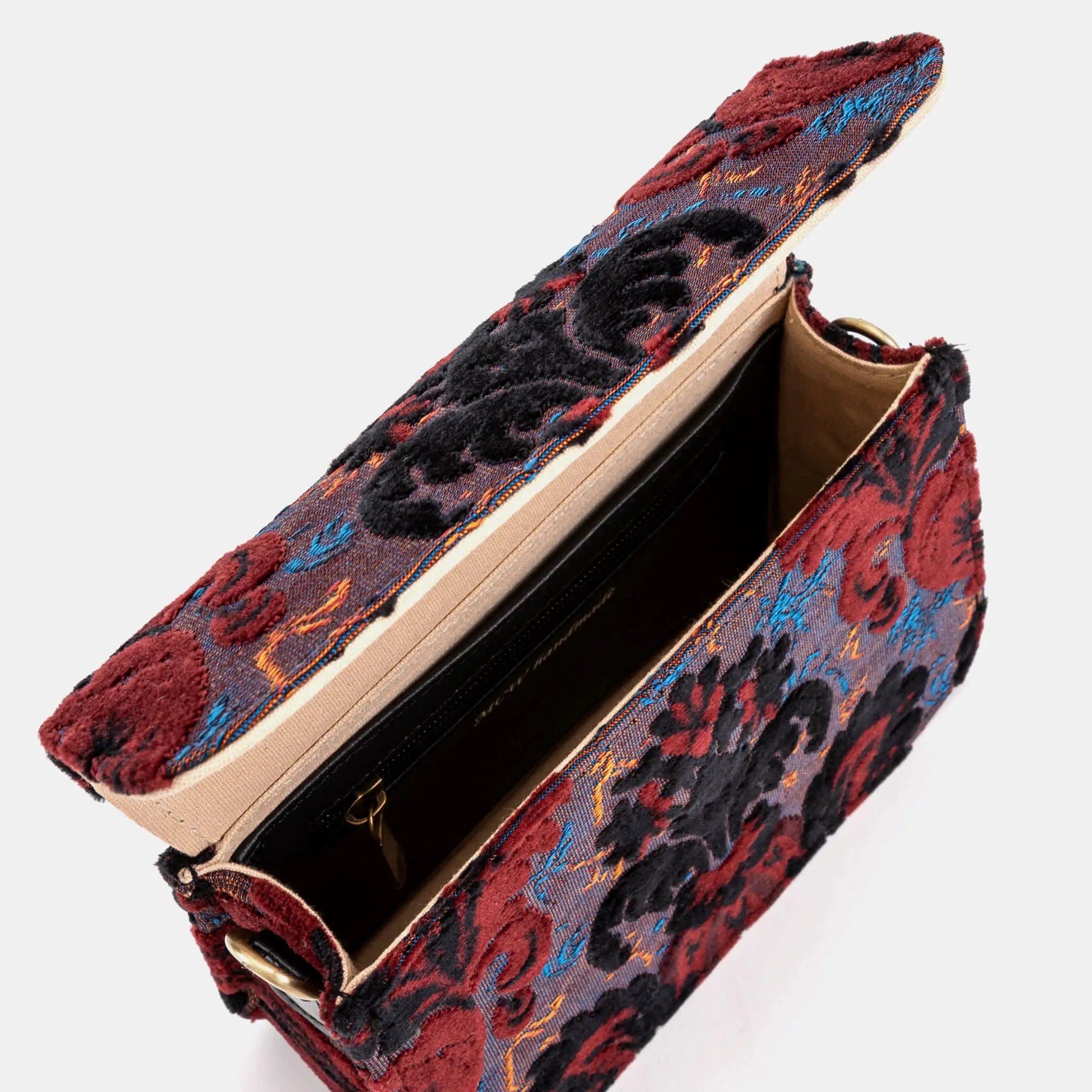 Burnout Velvet Revival Sephia Flap Crossbody Bag of America opening