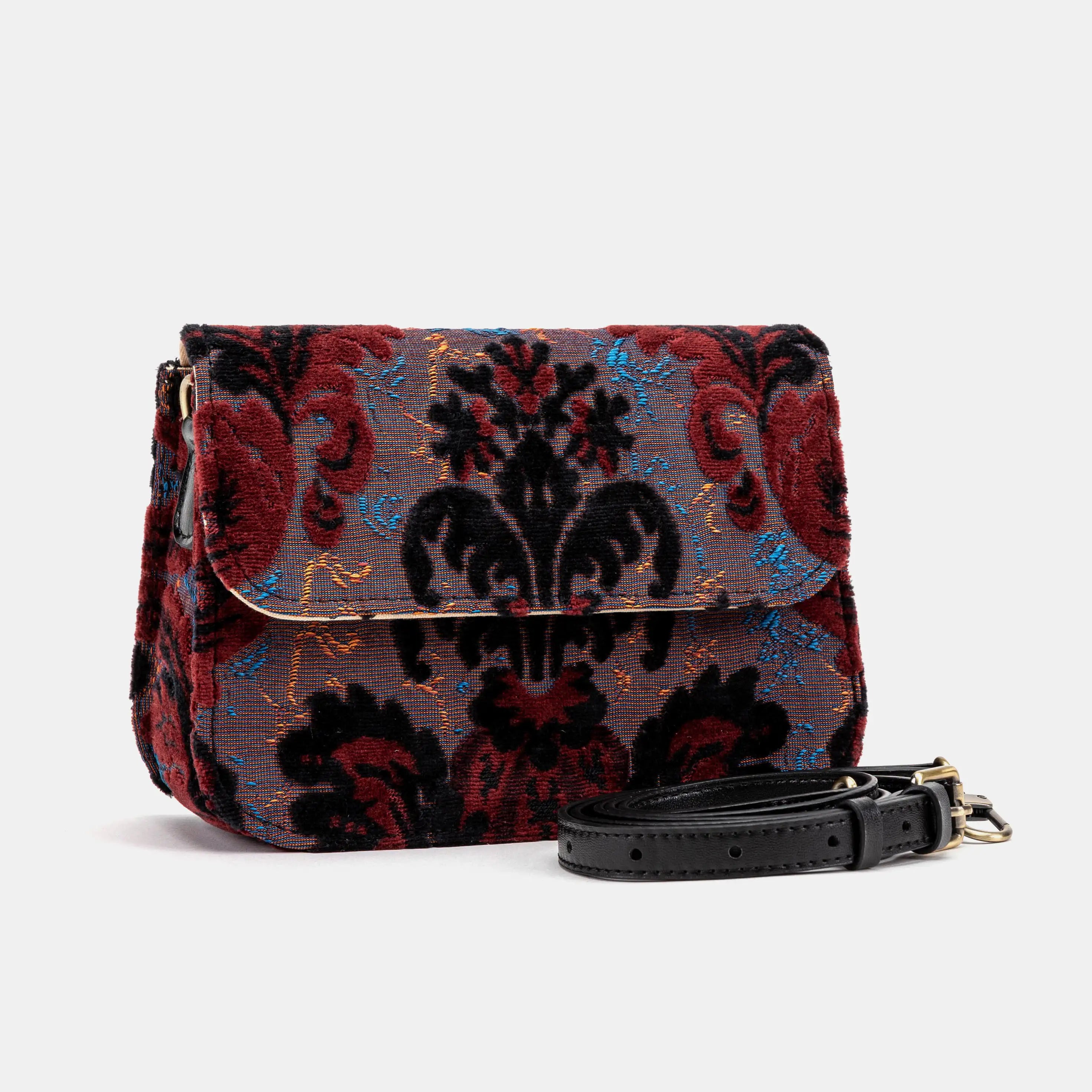 Burnout Velvet Revival Sephia Flap Crossbody Bag of America with shoulder strap