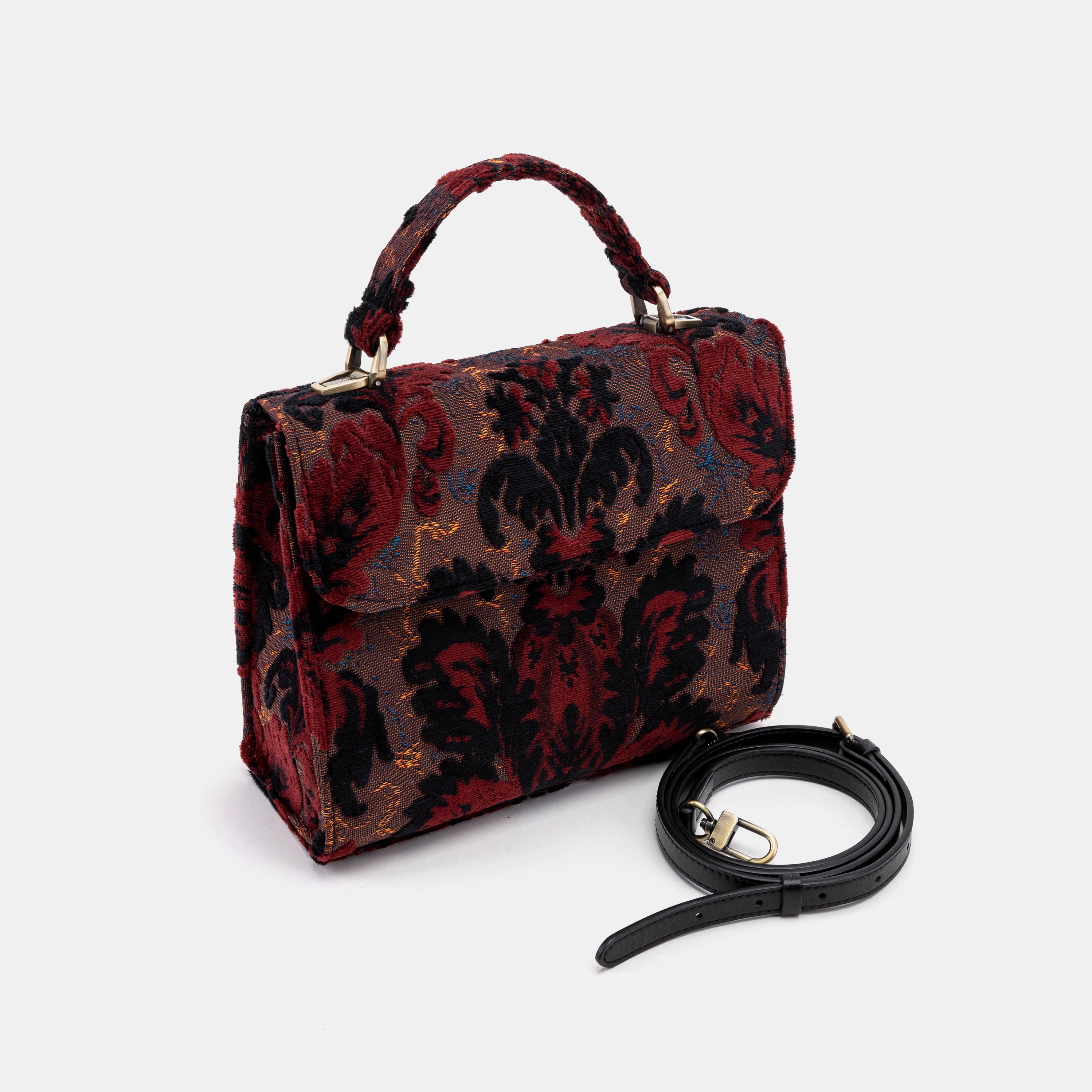 Burnout Velvet Revival Sephia Flap Satchel Carpetbag of America with shoulder strap