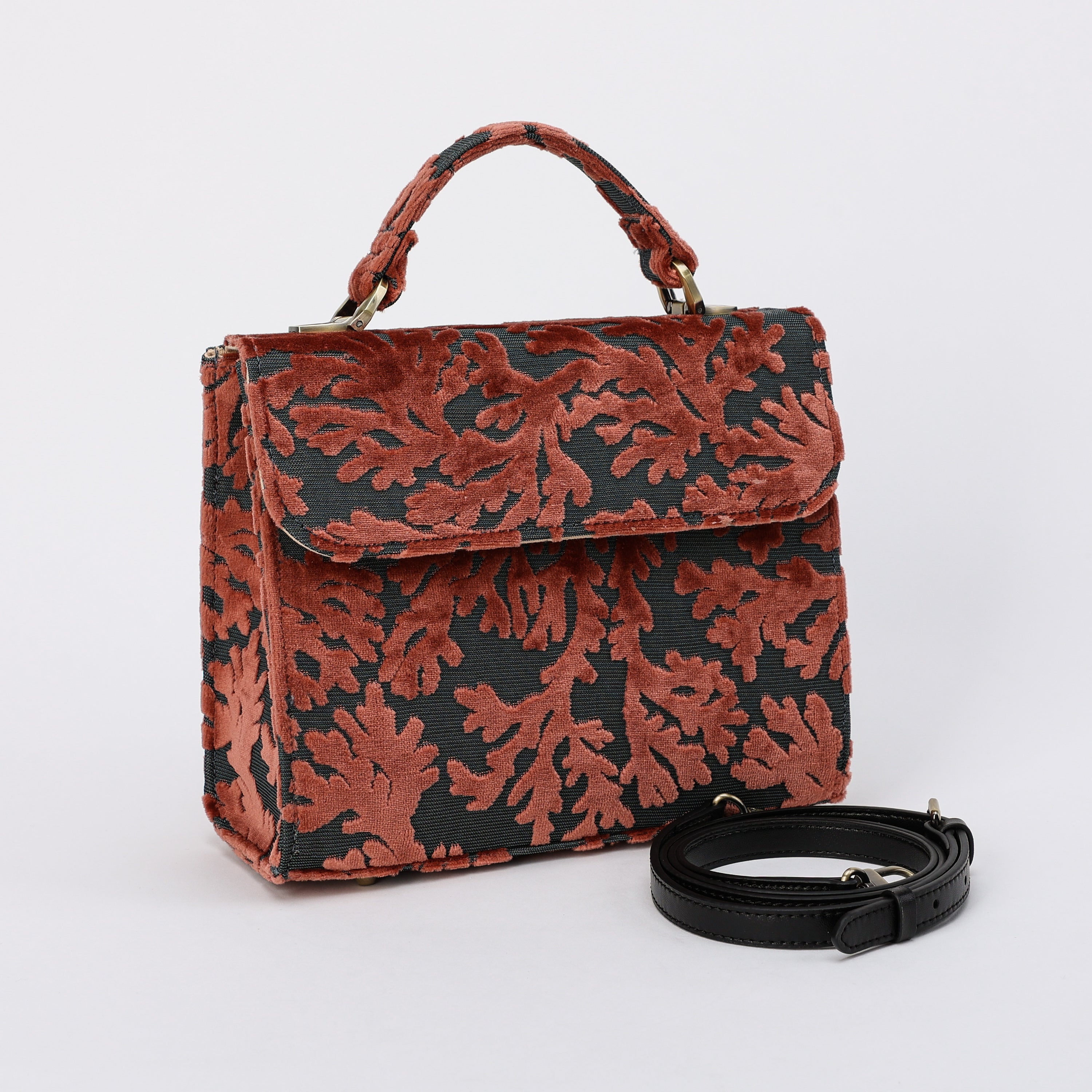 Burnout Velvet St Tropez Scuba Coral Flap Satchel Carpetbag of America front side