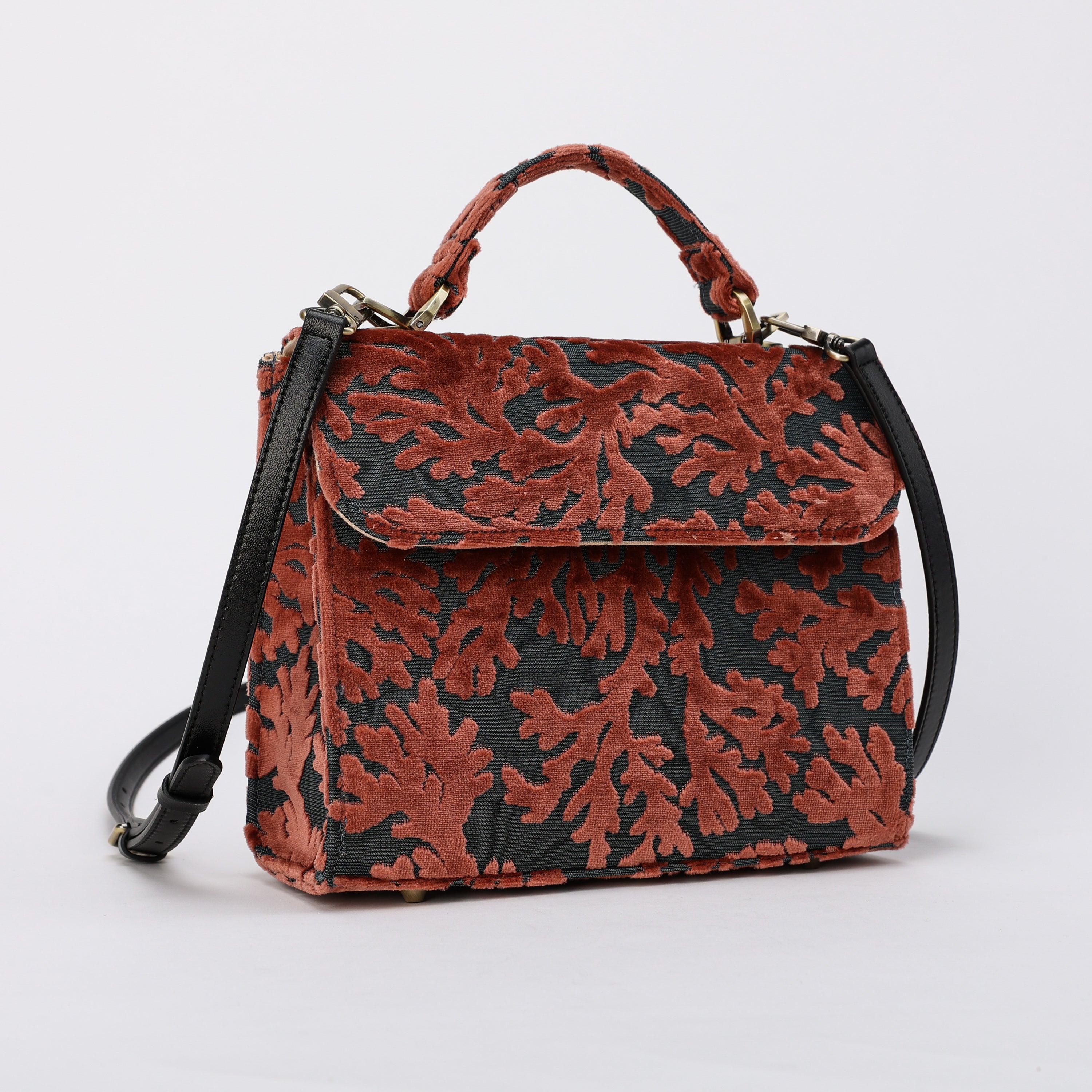 Burnout Velvet St Tropez Scuba Coral Flap Satchel Carpetbag of America with shoulder strap