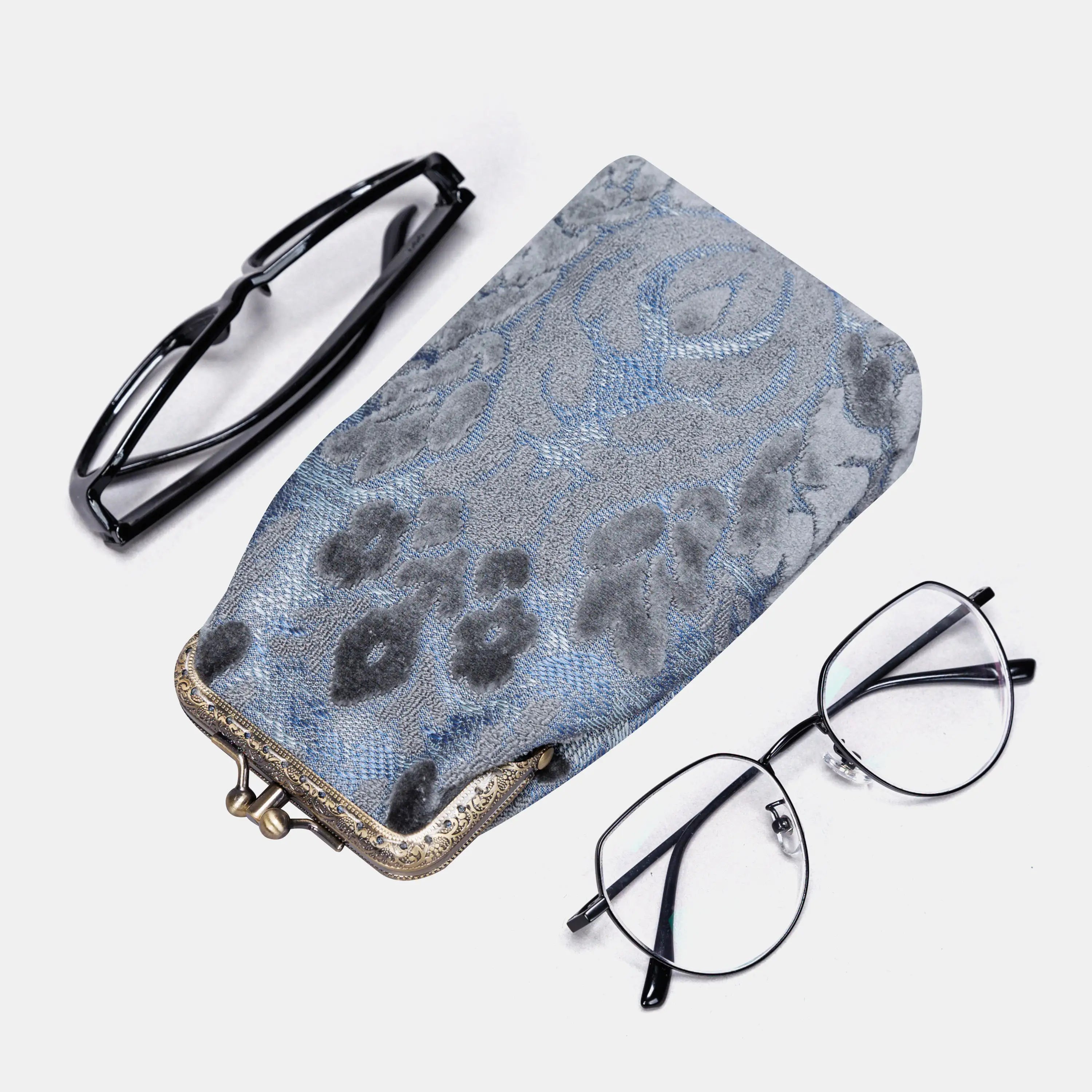 Burnout Velvet Steel Blue Carpet Eyeglasses Case of America with glasses-1