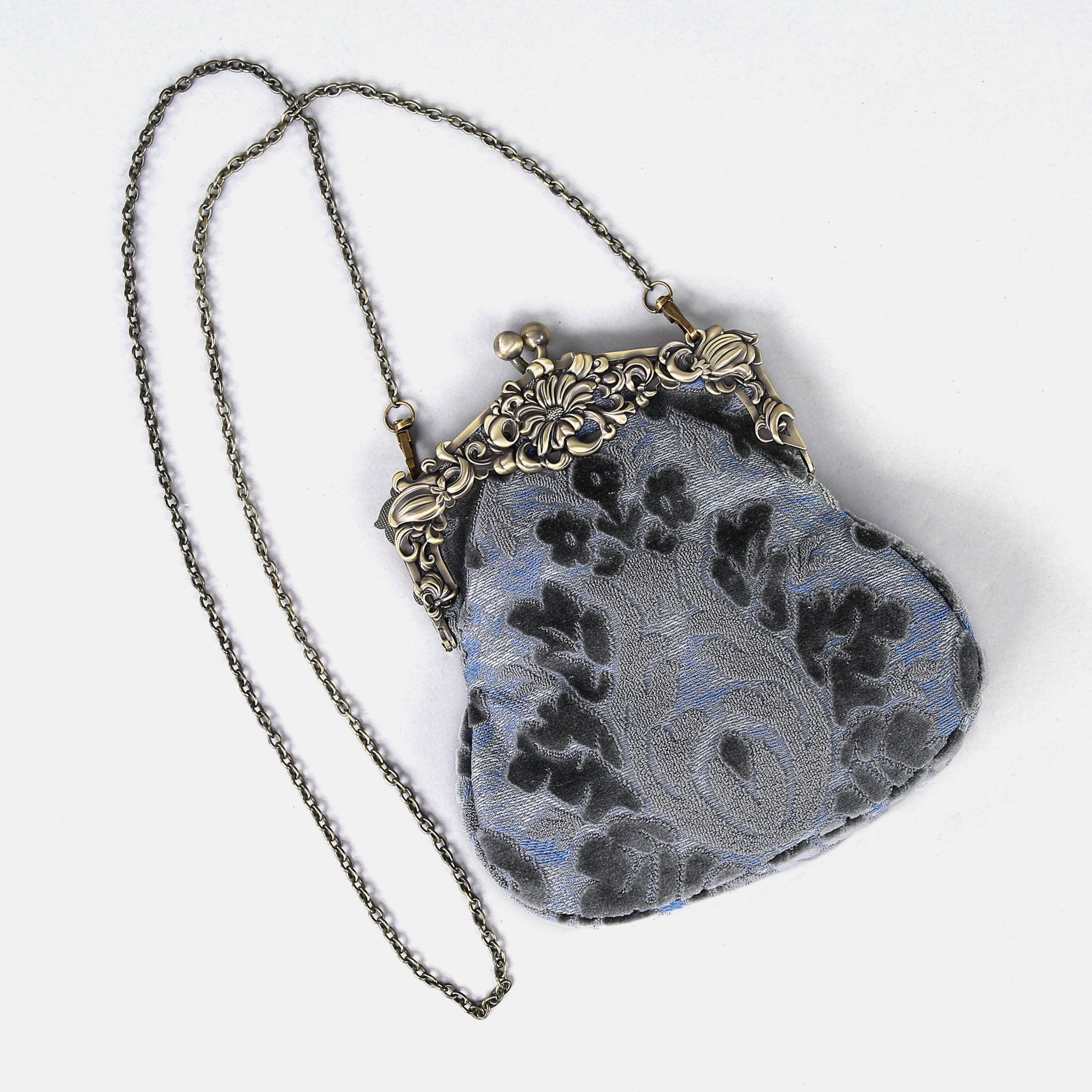 Burnout Velvet Steel Blue Chatelaine Purse Large carpet bag of America with long chain