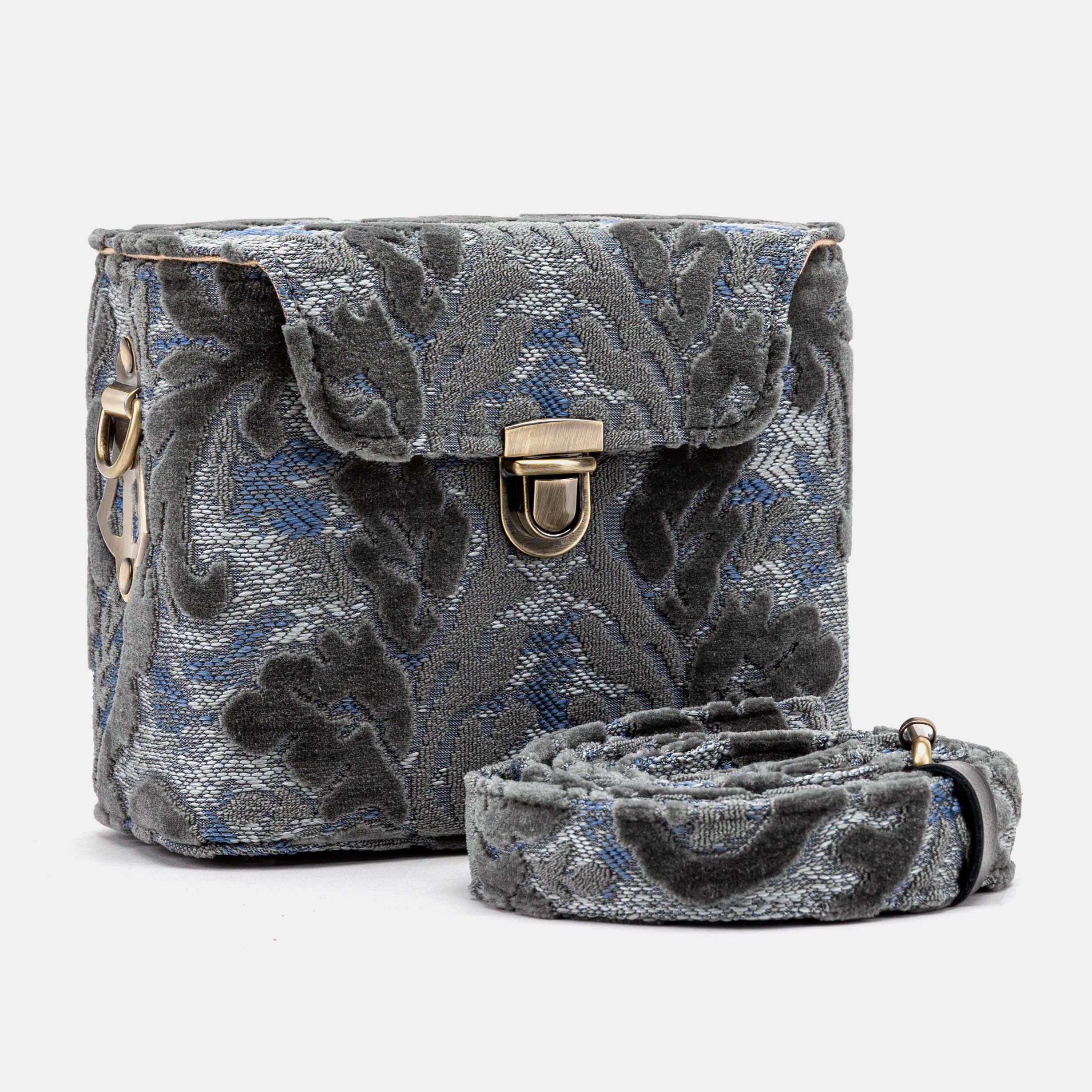 Burnout Velvet Steel Blue Emma Small Train Case Crossbody with handle
