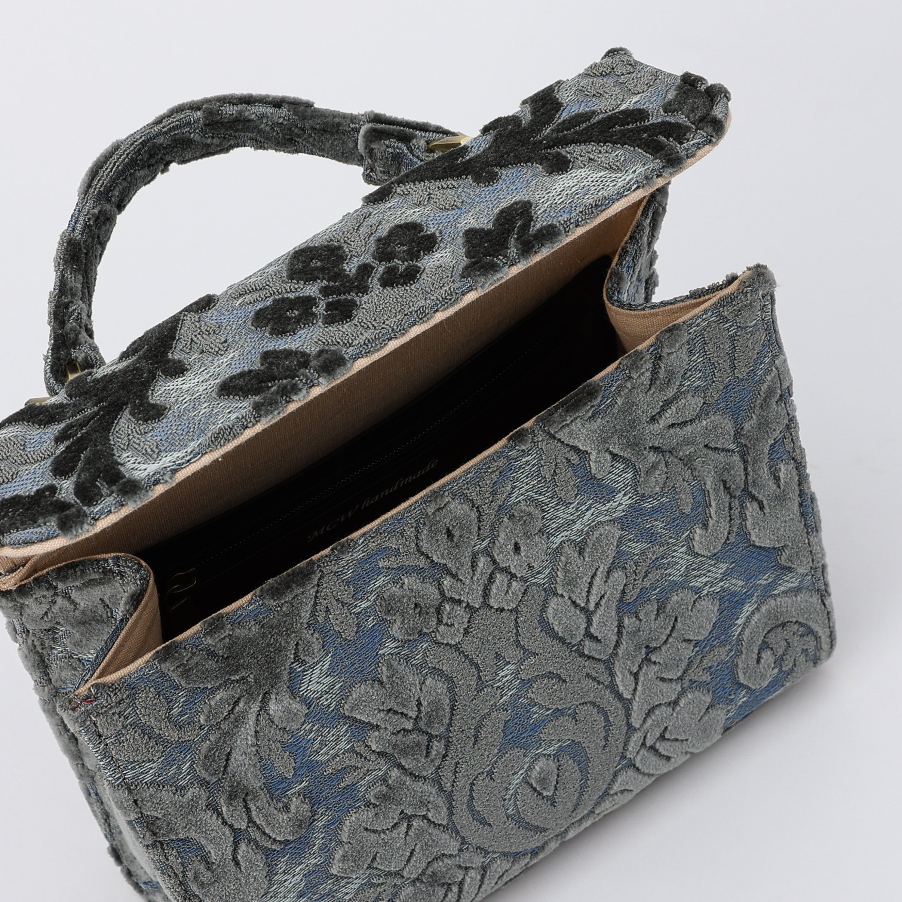 Burnout Velvet Steel Blue Flap Satchel Carpetbag of America opening
