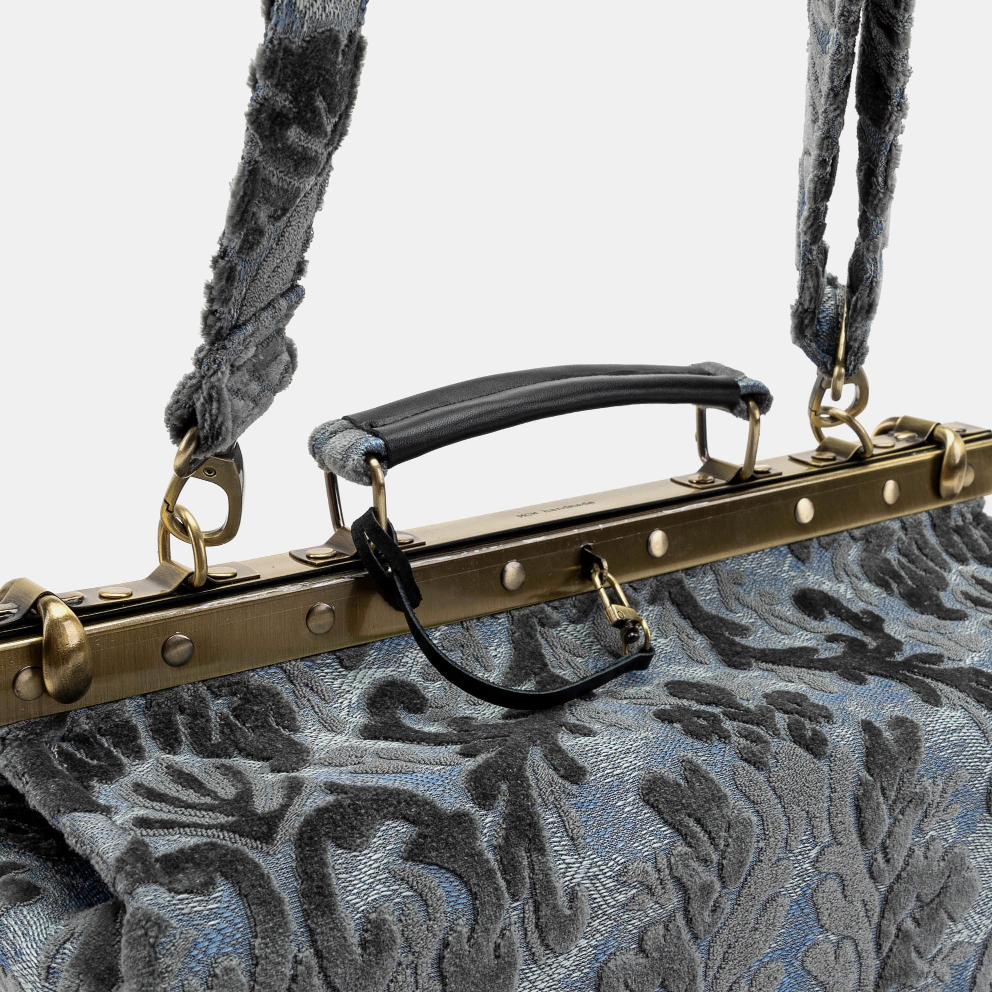 Burnout Velvet Steel Blue Genevieve Carpet Gladstone Bag of America handle