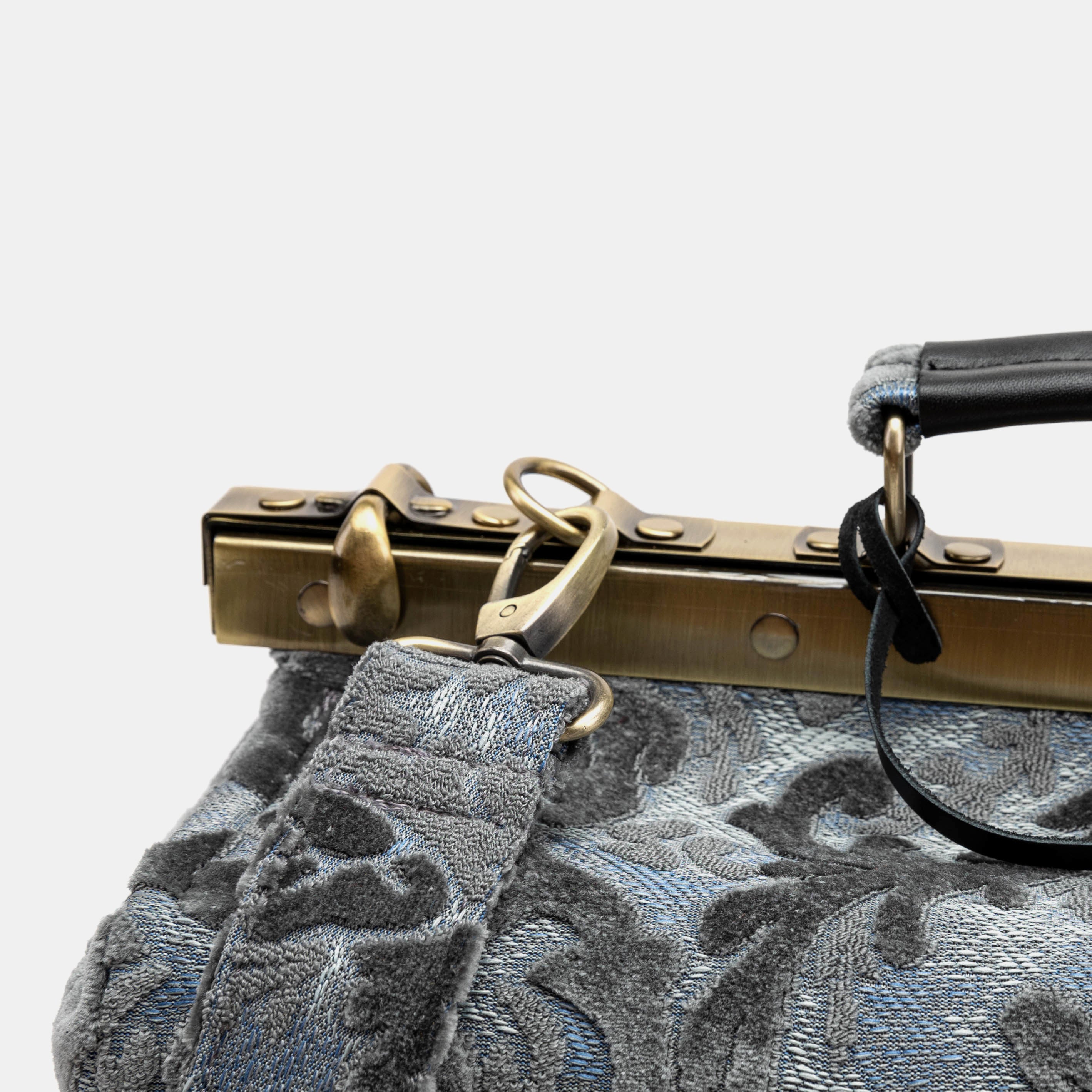 Burnout Velvet Steel Blue Genevieve Carpet Gladstone Bag of America clasp