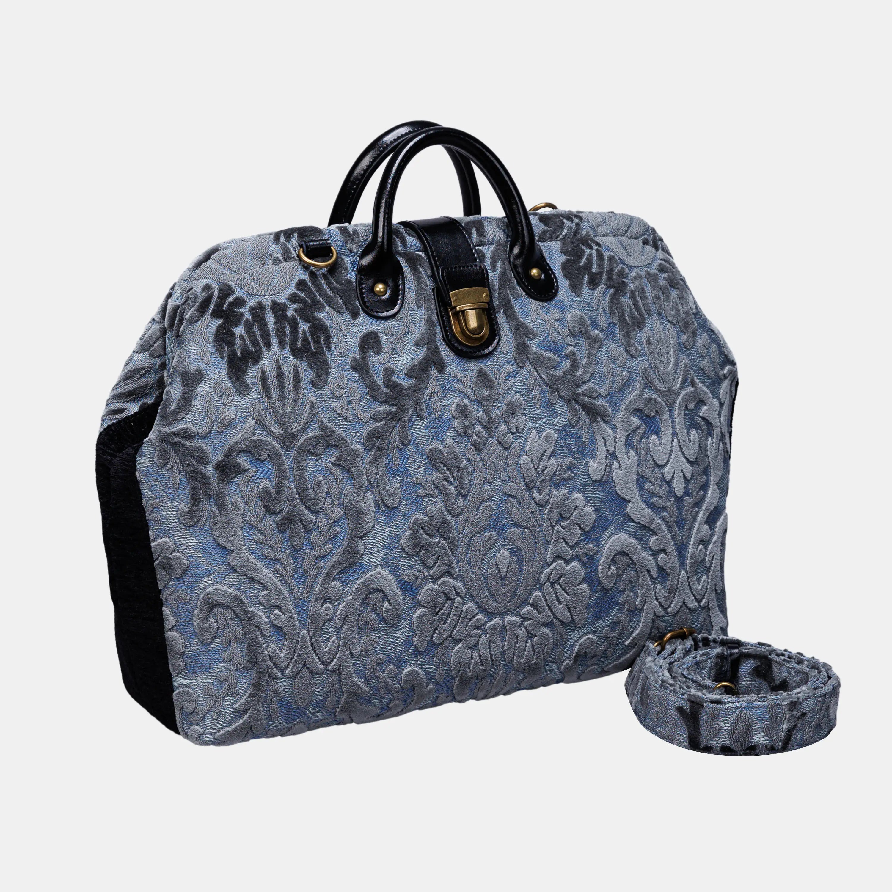 Burnout Velvet Steel Blue carpet bag of America with shoulder strap