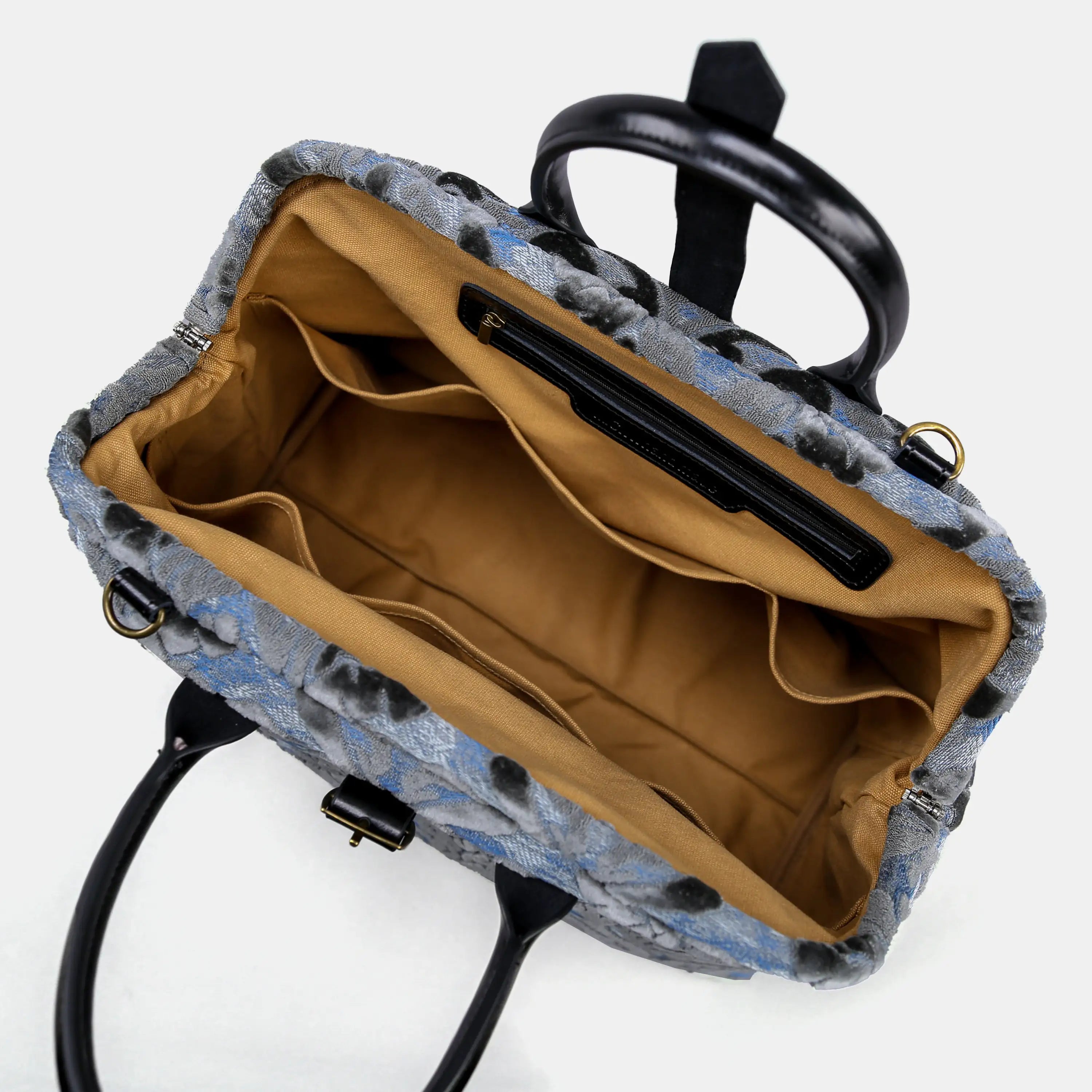 Burnout Velvet Steel Blue Mary Poppins Weekender Carpetbag of America open