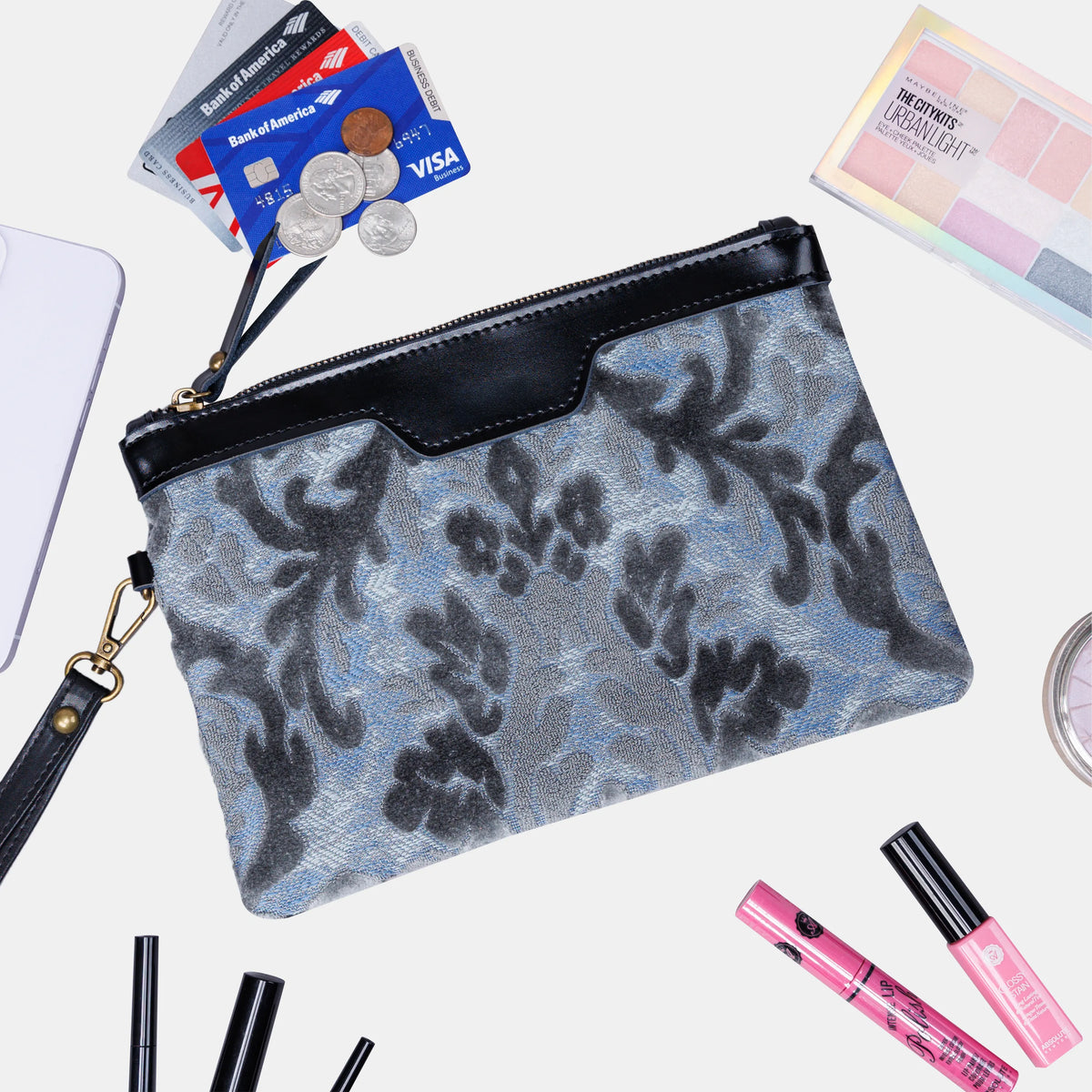 Burnout Velvet Steel Blue Wristlet Clutch carpet bag MCW Handmade capacity