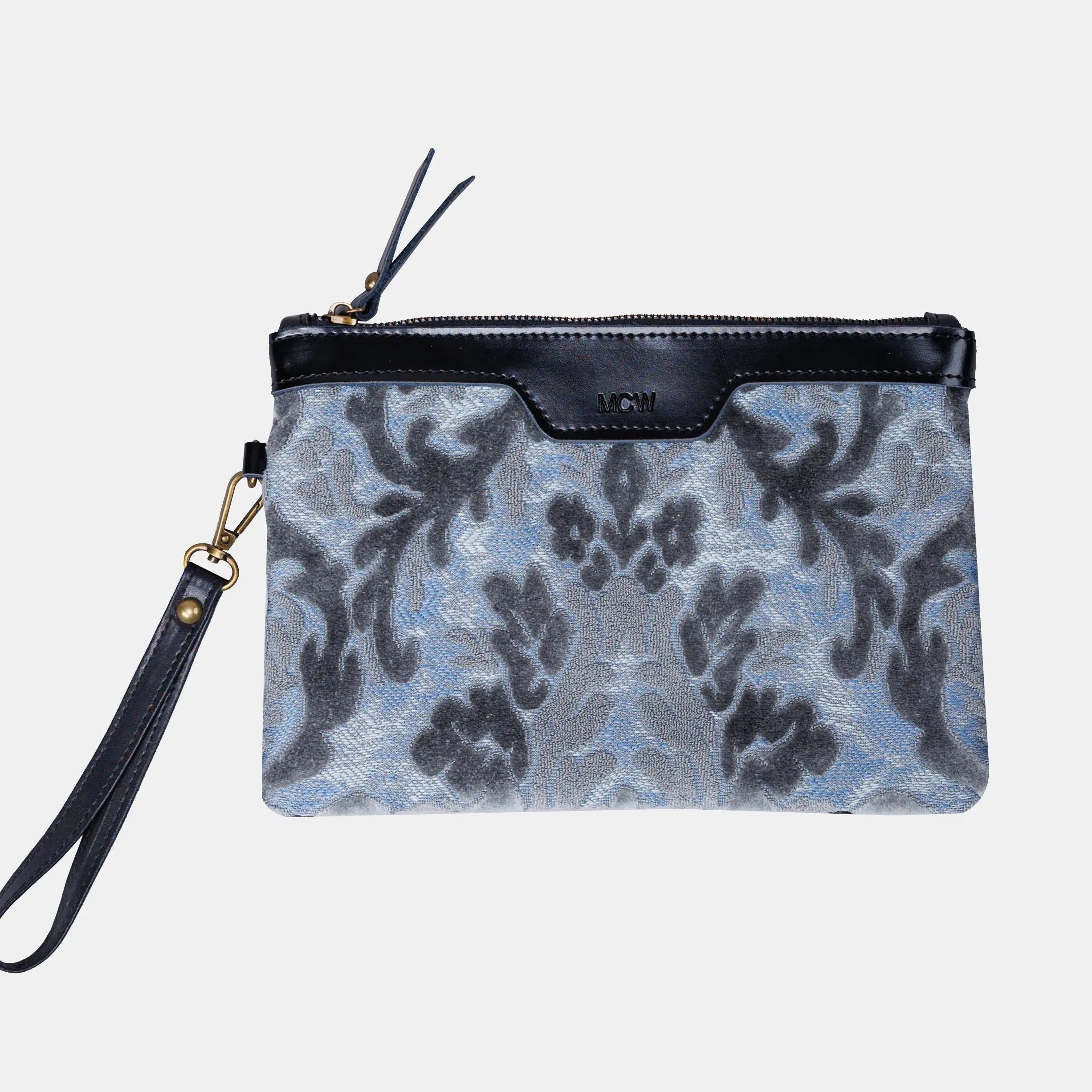Burnout Velvet Steel Blue Wristlet Clutch carpet bag MCW Handmade