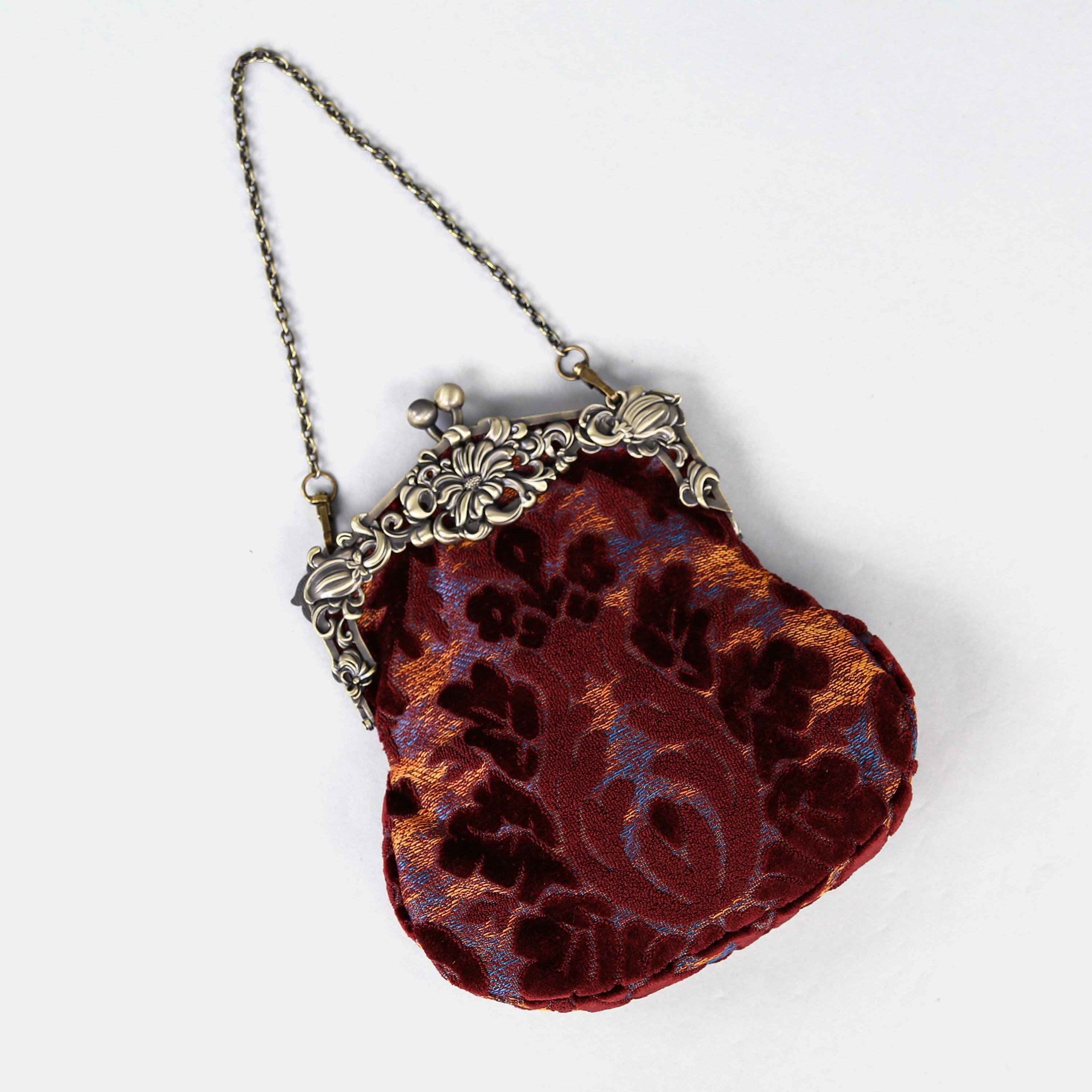 Burnout Velvet Wine Chatelaine Purse Large carpet bag of America lay flat