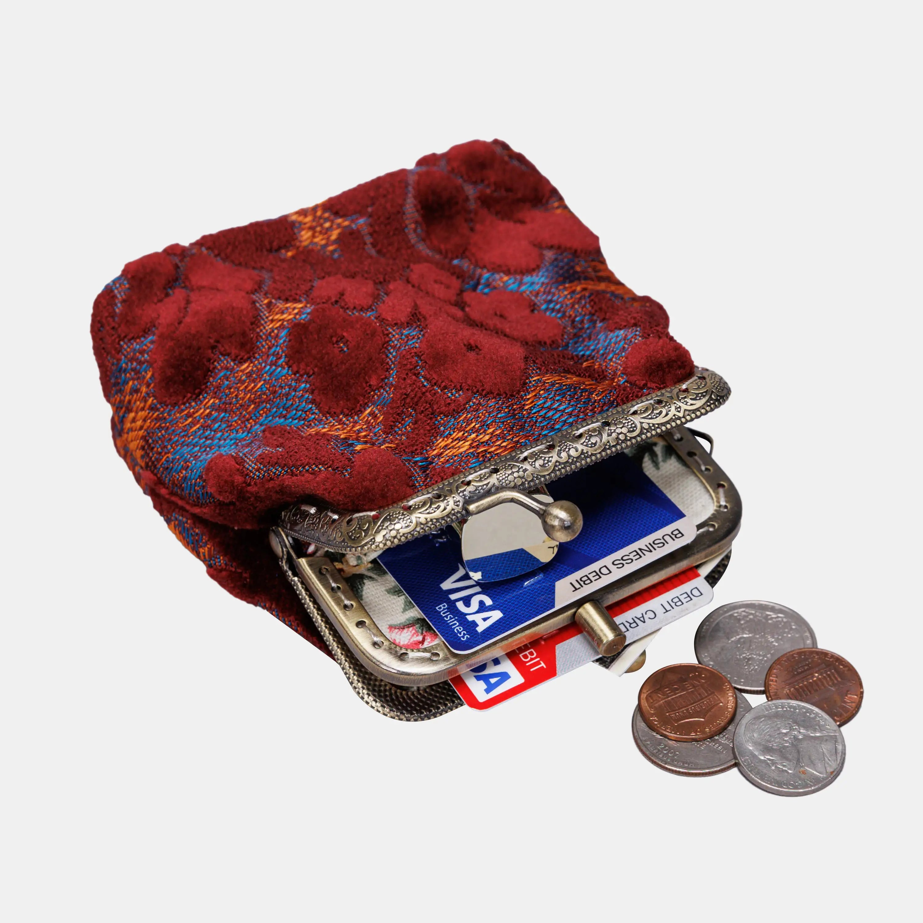Burnout Velvet Wine Double Kiss Clasp Coin Purse of America in use-4