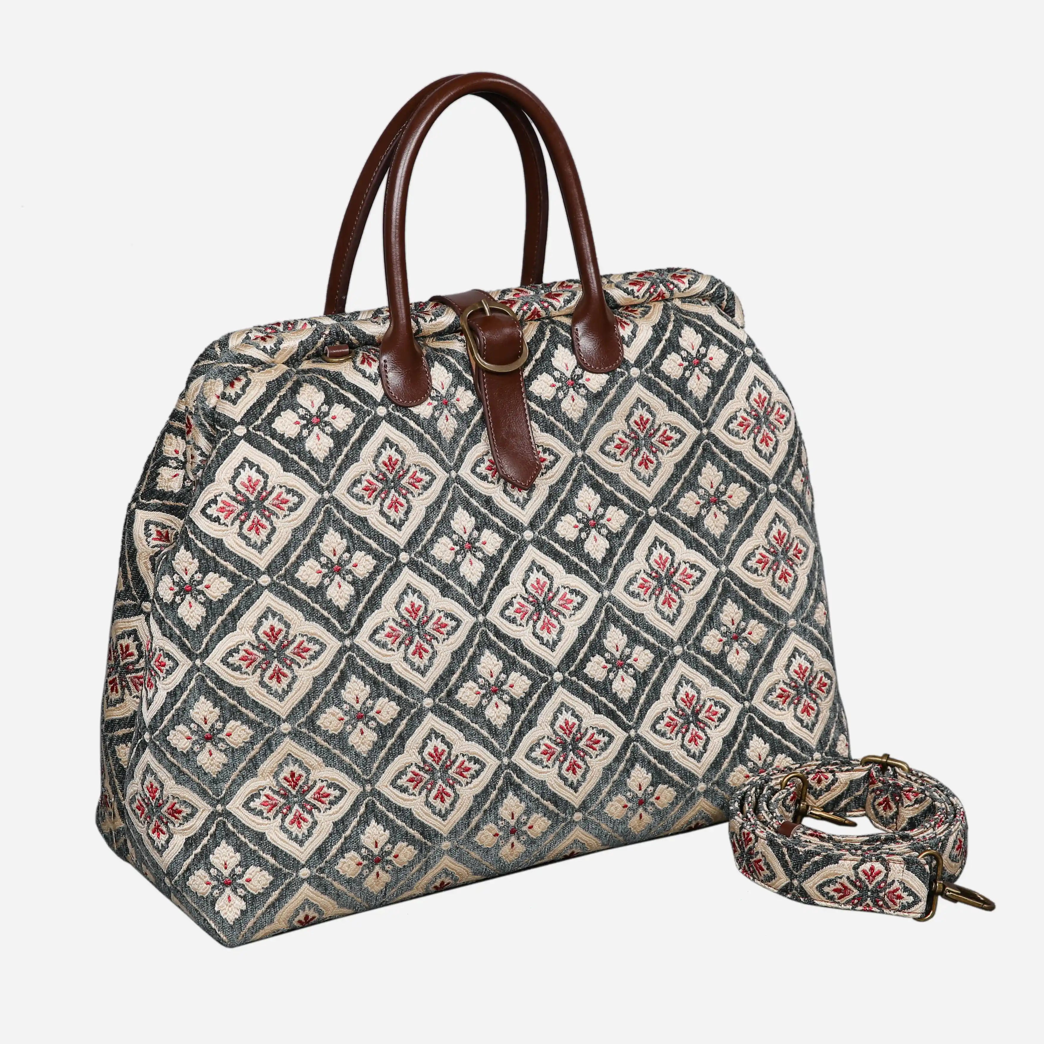Ethnic Green Mary Poppins Weekender Carpetbag with shoulder strap