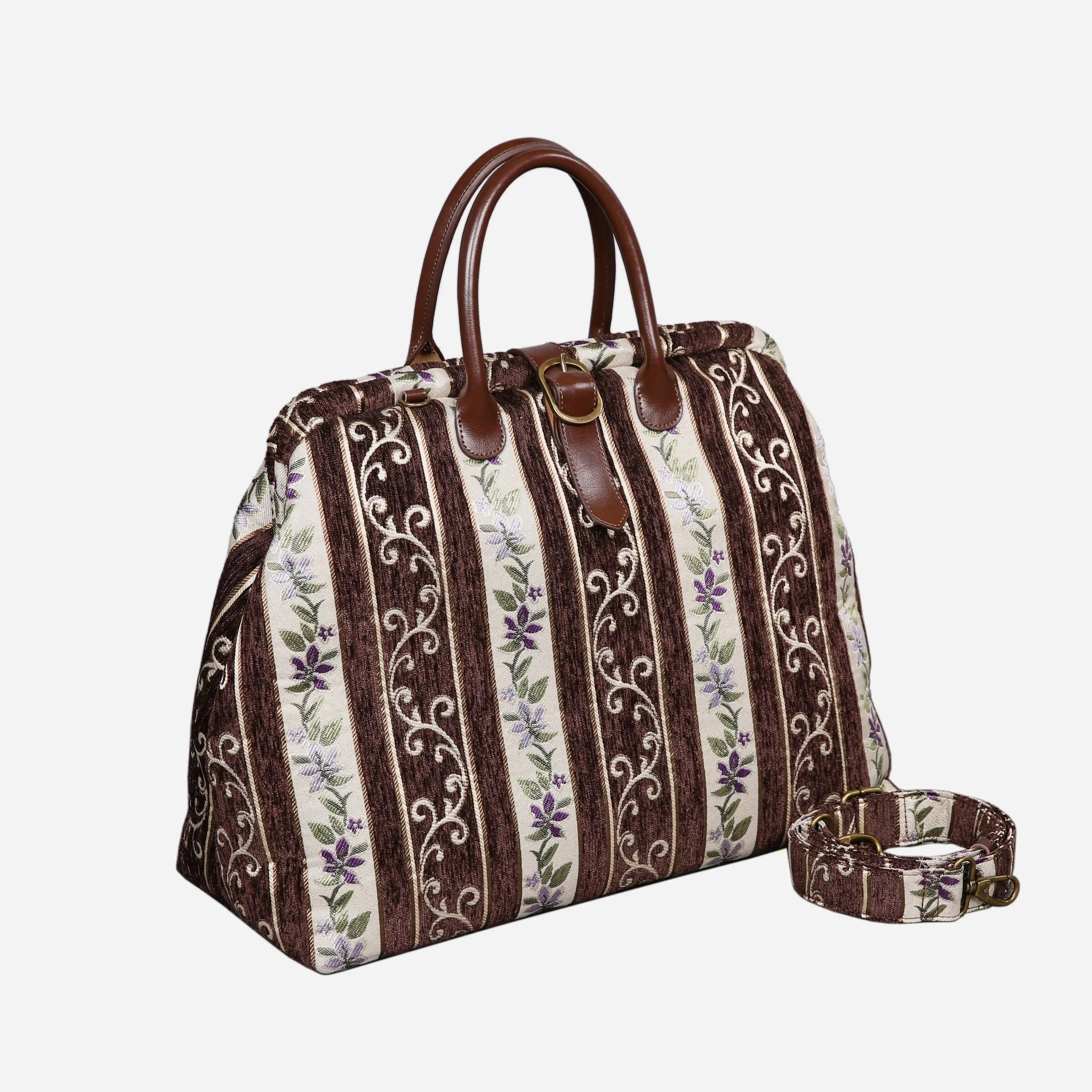Victorian Stripes Brown Mary Poppins Weekender Carpetbag of America with shoulder strap
