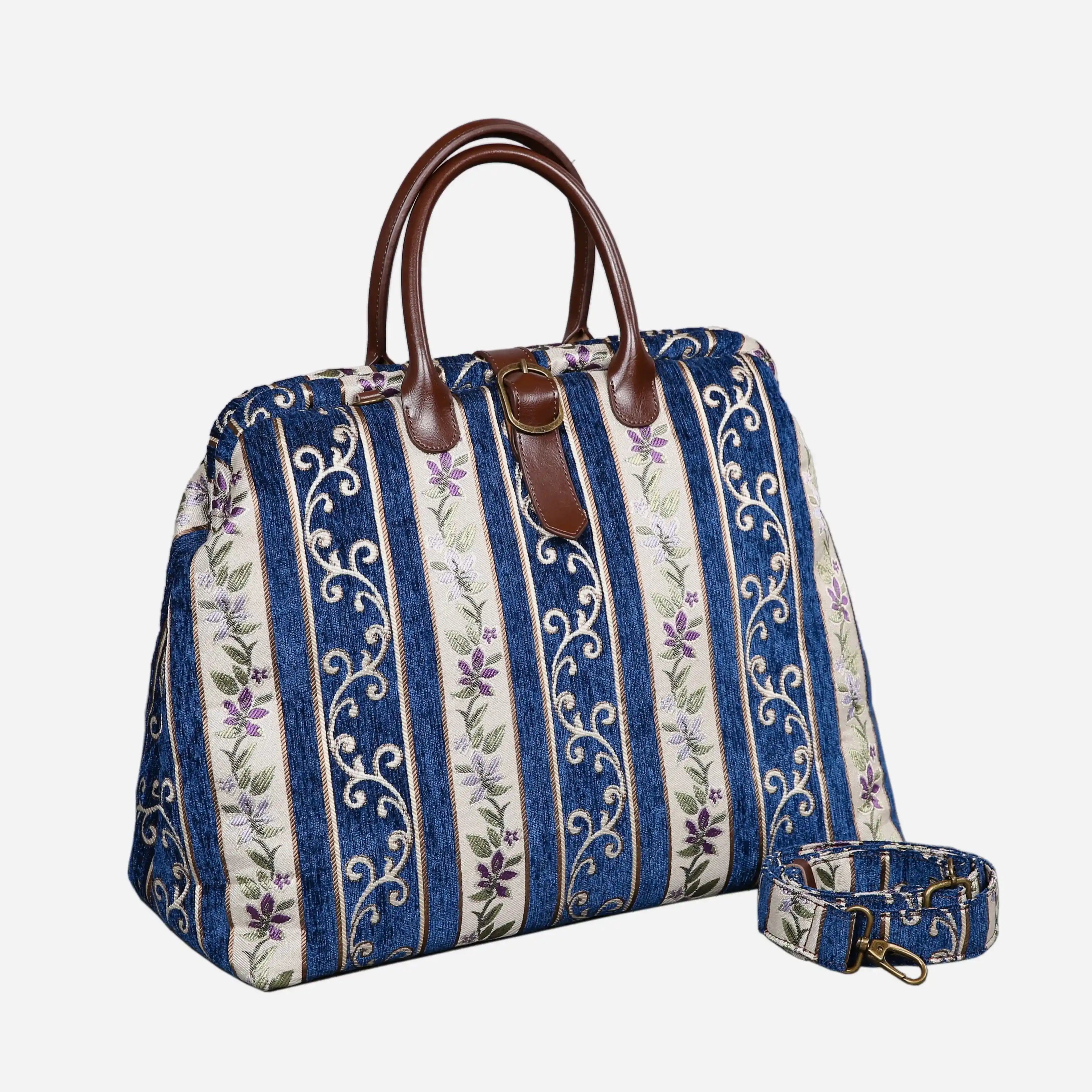 Victorian Stripes Navy Mary Poppins Weekender Carpetbag of America with shoulder strap