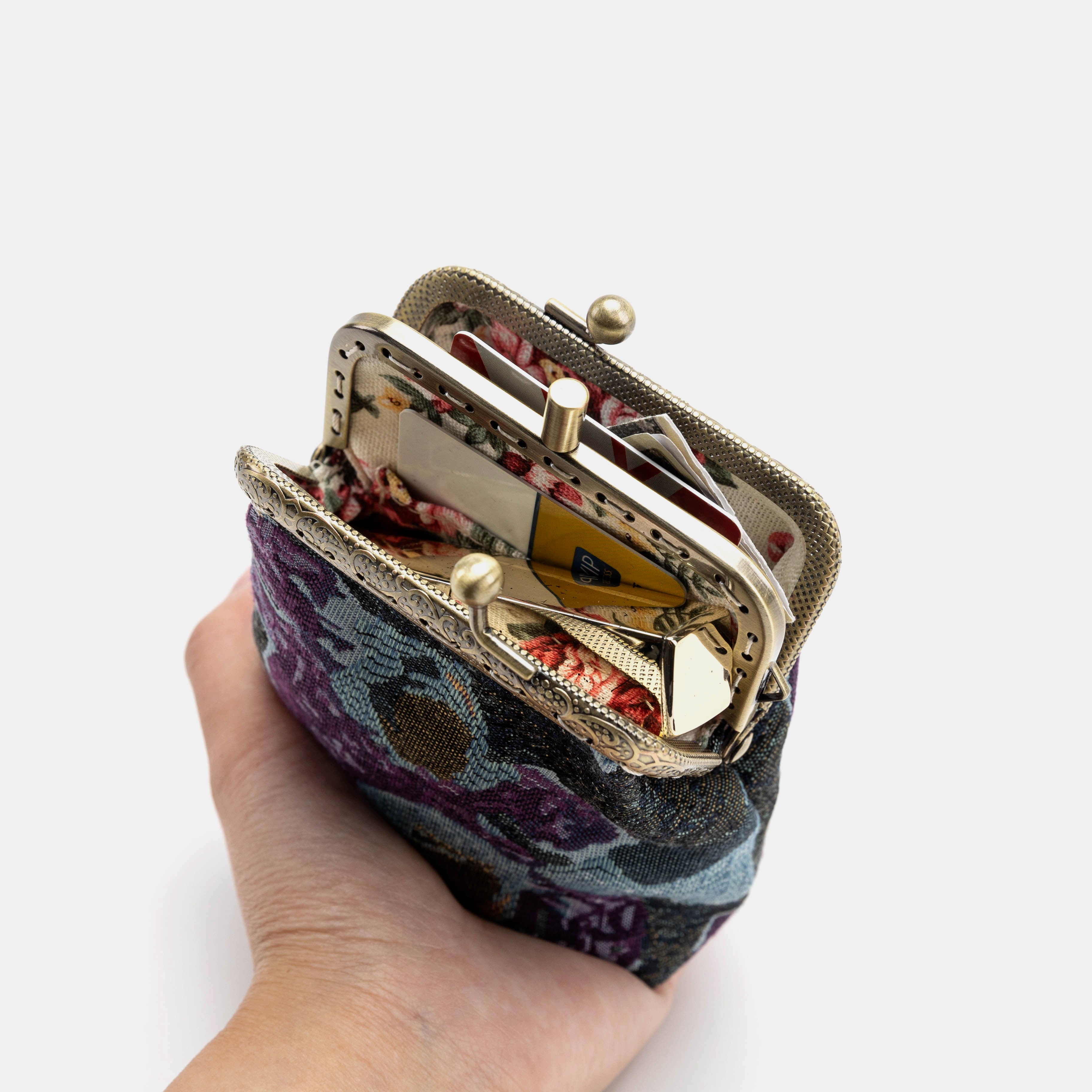 Abstract Blue Double Kiss Clasp Coin Purse Carpetbag of America in use