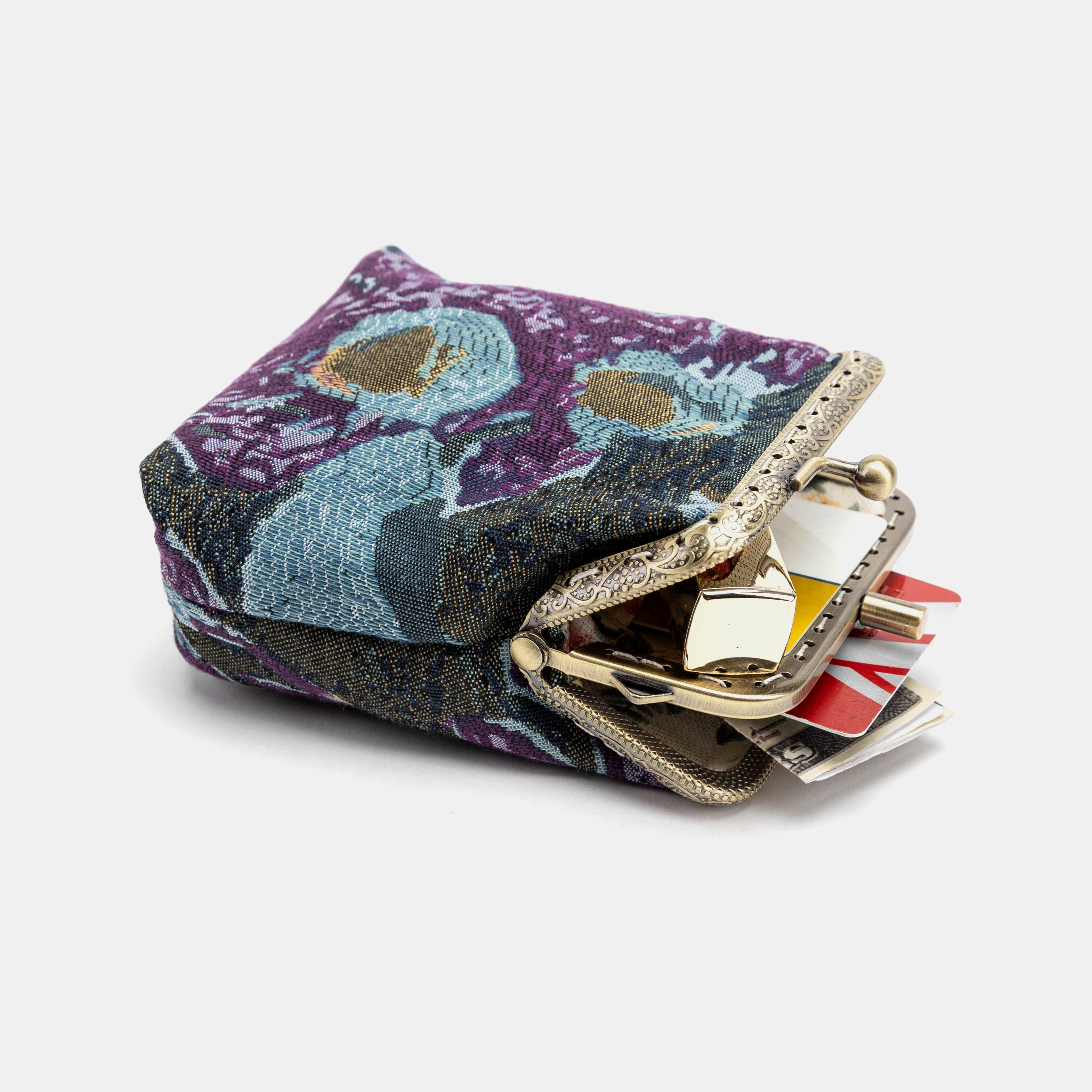 Abstract Blue Double Kiss Clasp Coin Purse Carpetbag of America open to the side