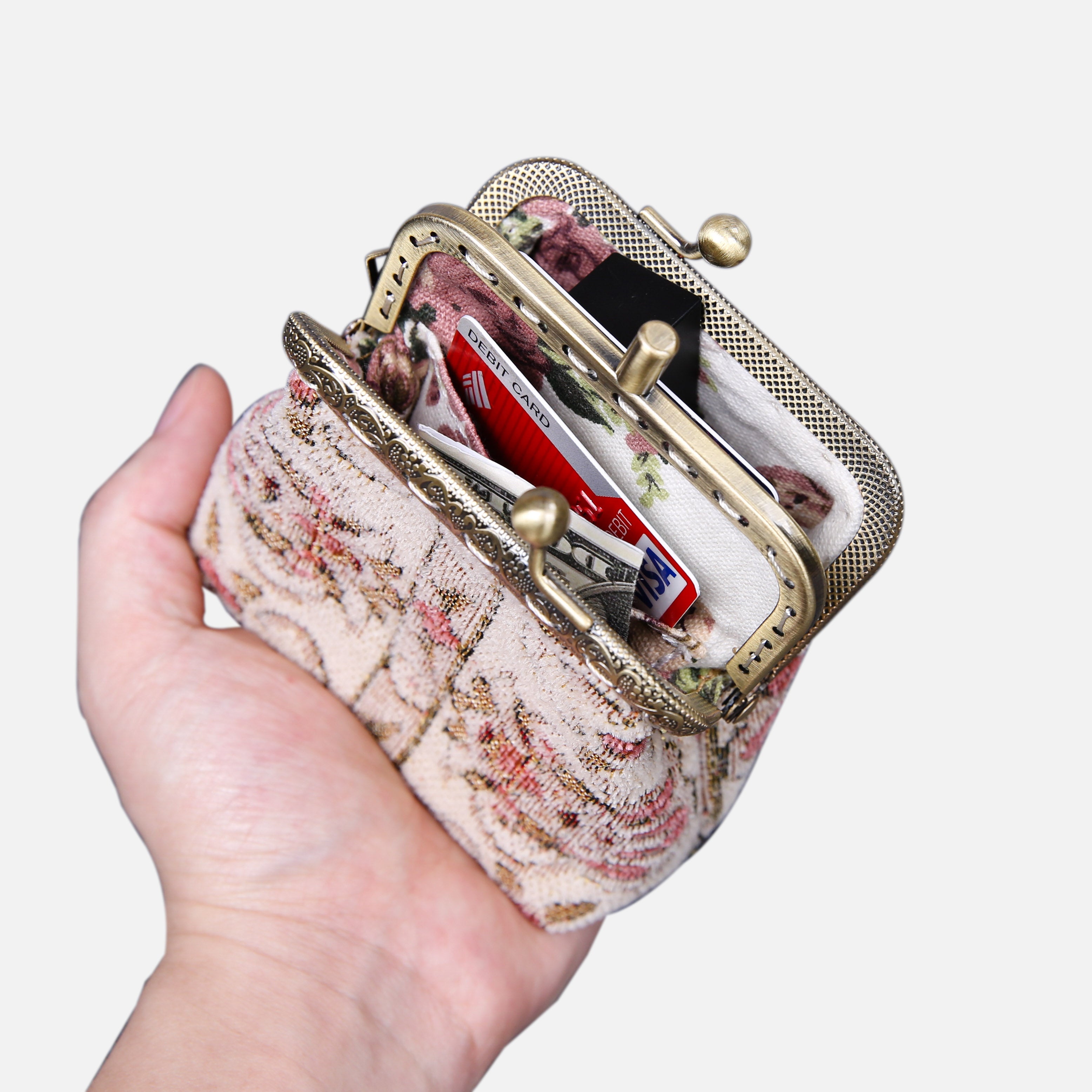 Golden Age Pink Double Kiss Clasp Coin Purse MCW Handmade-1