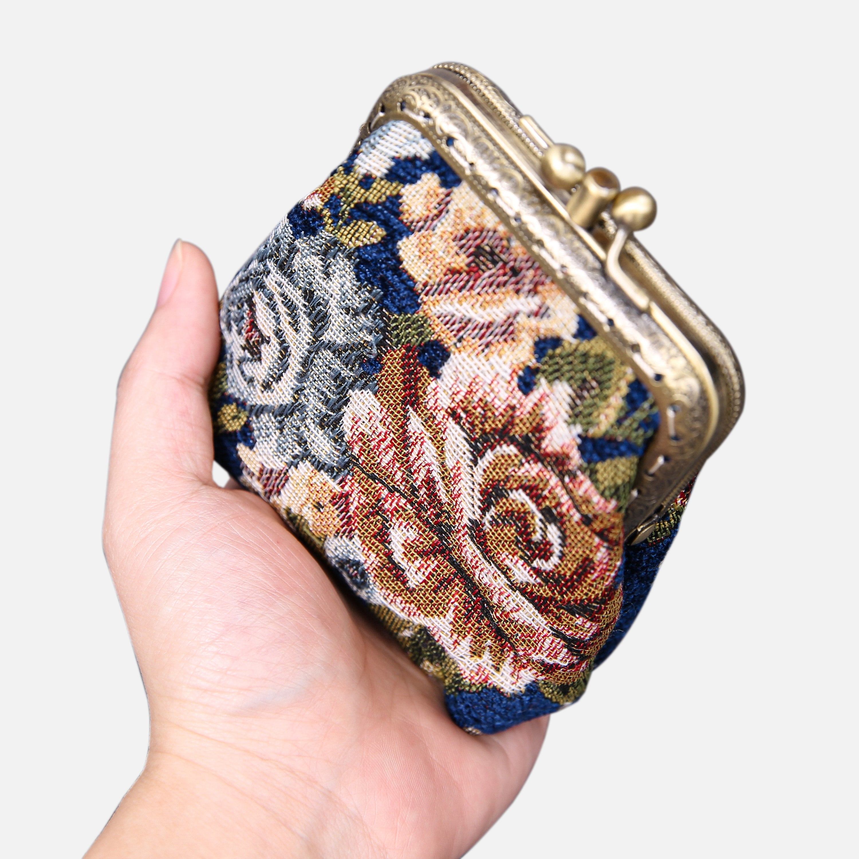 Floral Blue Double Kiss Clasp Coin Purse MCW Handmade