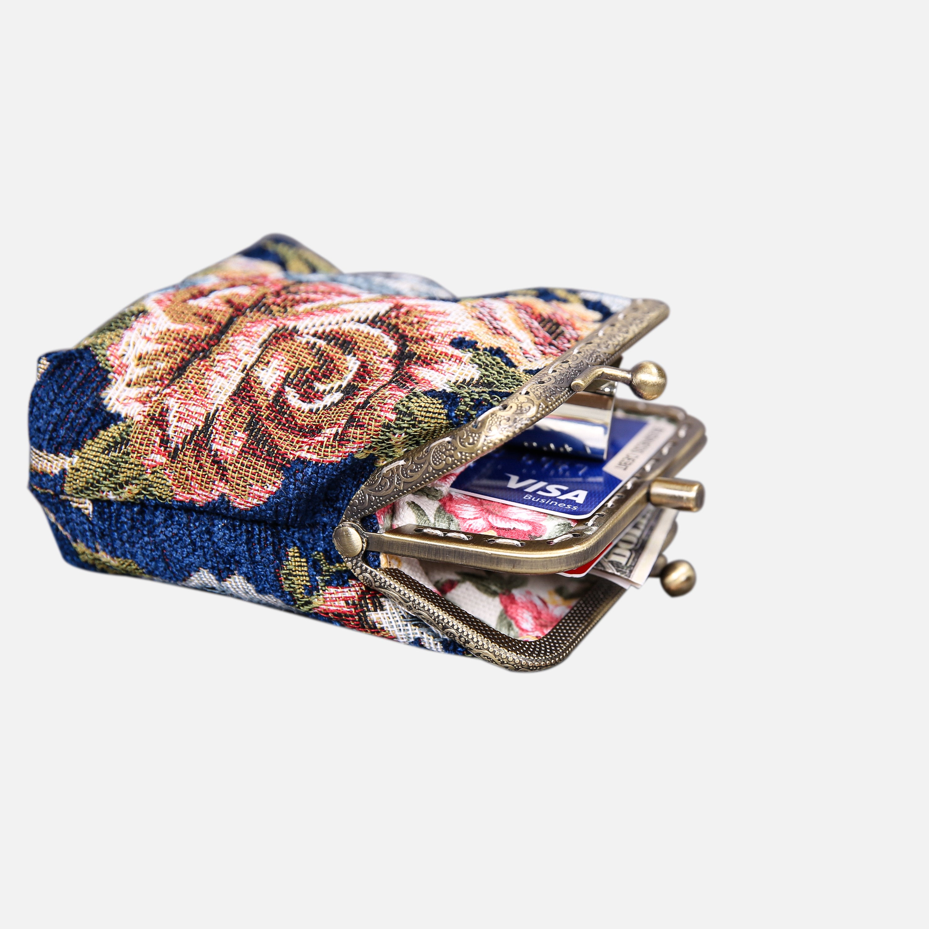 Floral Blue Double Kiss Clasp Coin Purse MCW Handmade-4