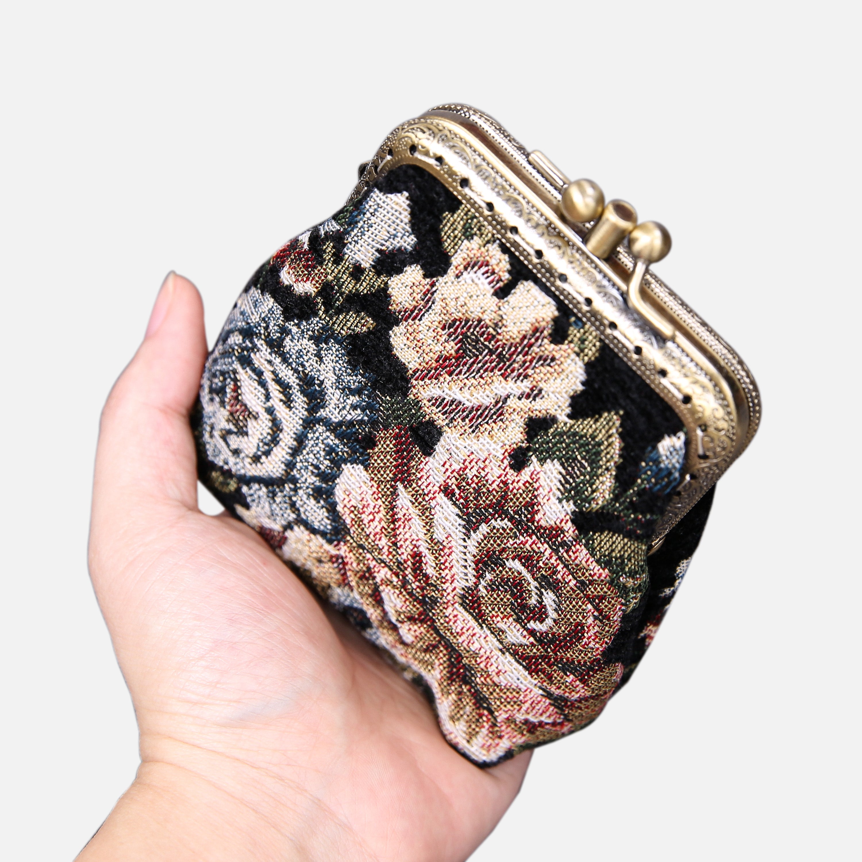 Floral Black Double Kiss Clasp Coin Purse MCW Handmade