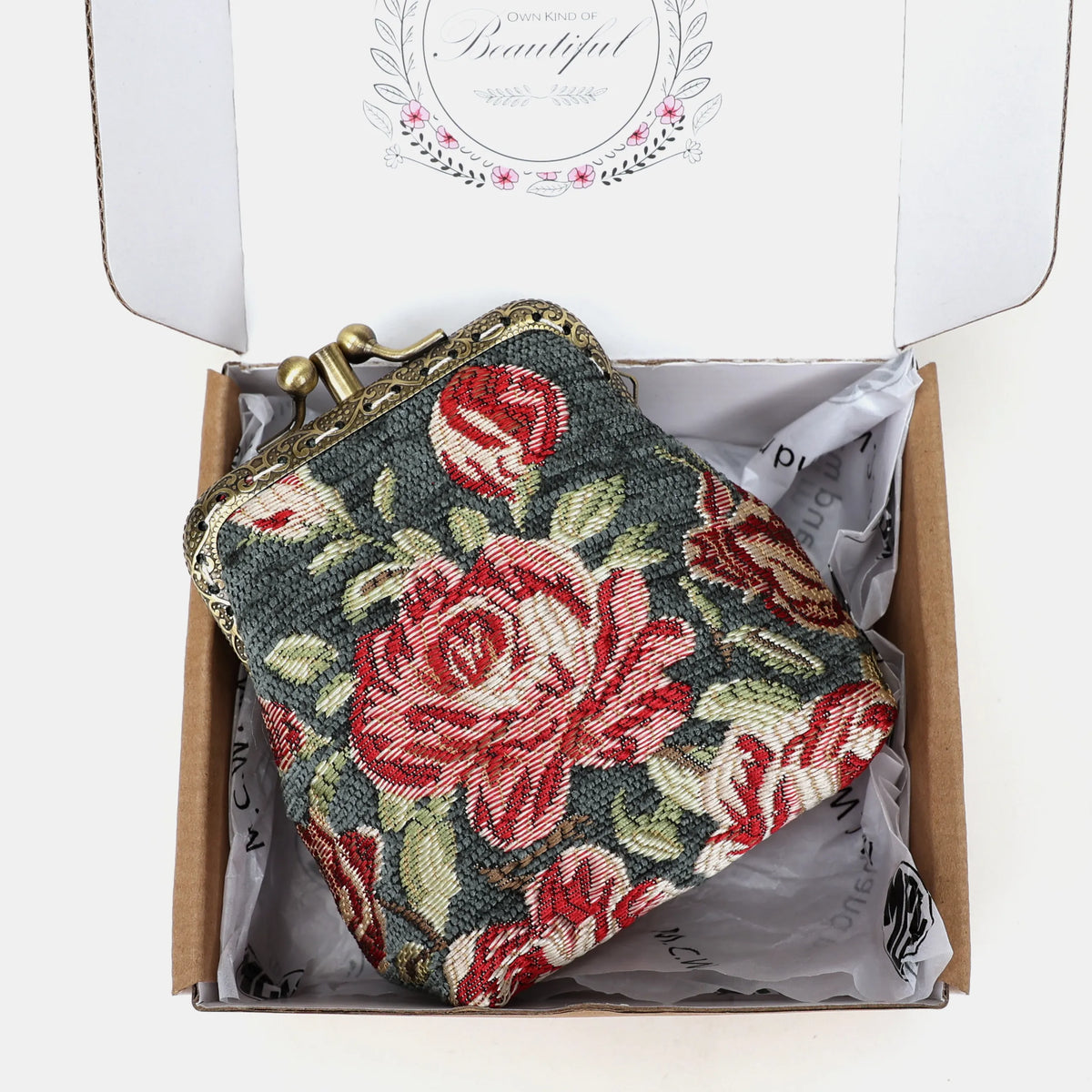 Baroque Graden Grey Double Kiss Clasp Coin Purse Carpetbag of America packaging