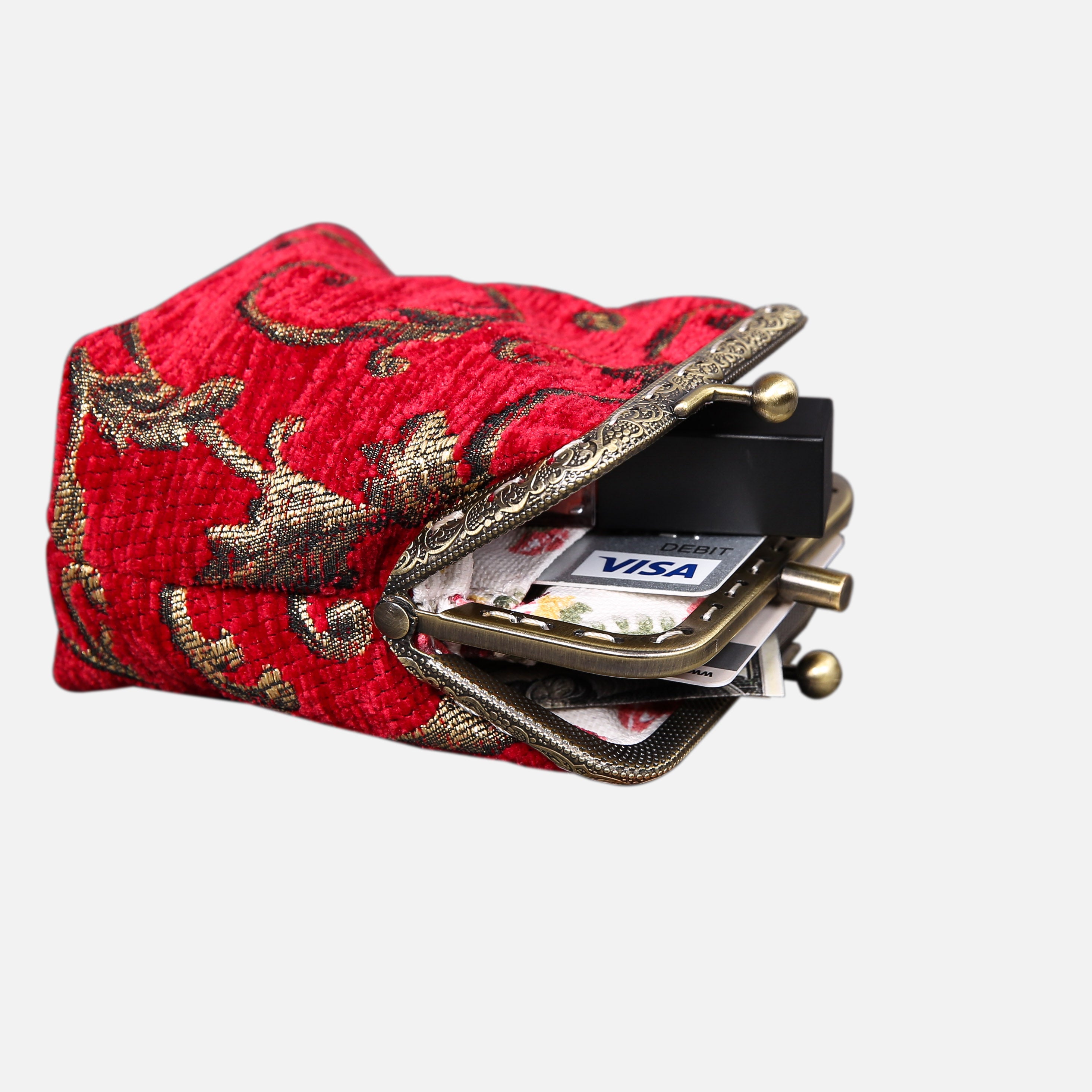 Vintage Scroll Red Double Kiss Clasp Coin Purse MCW Handmade-5
