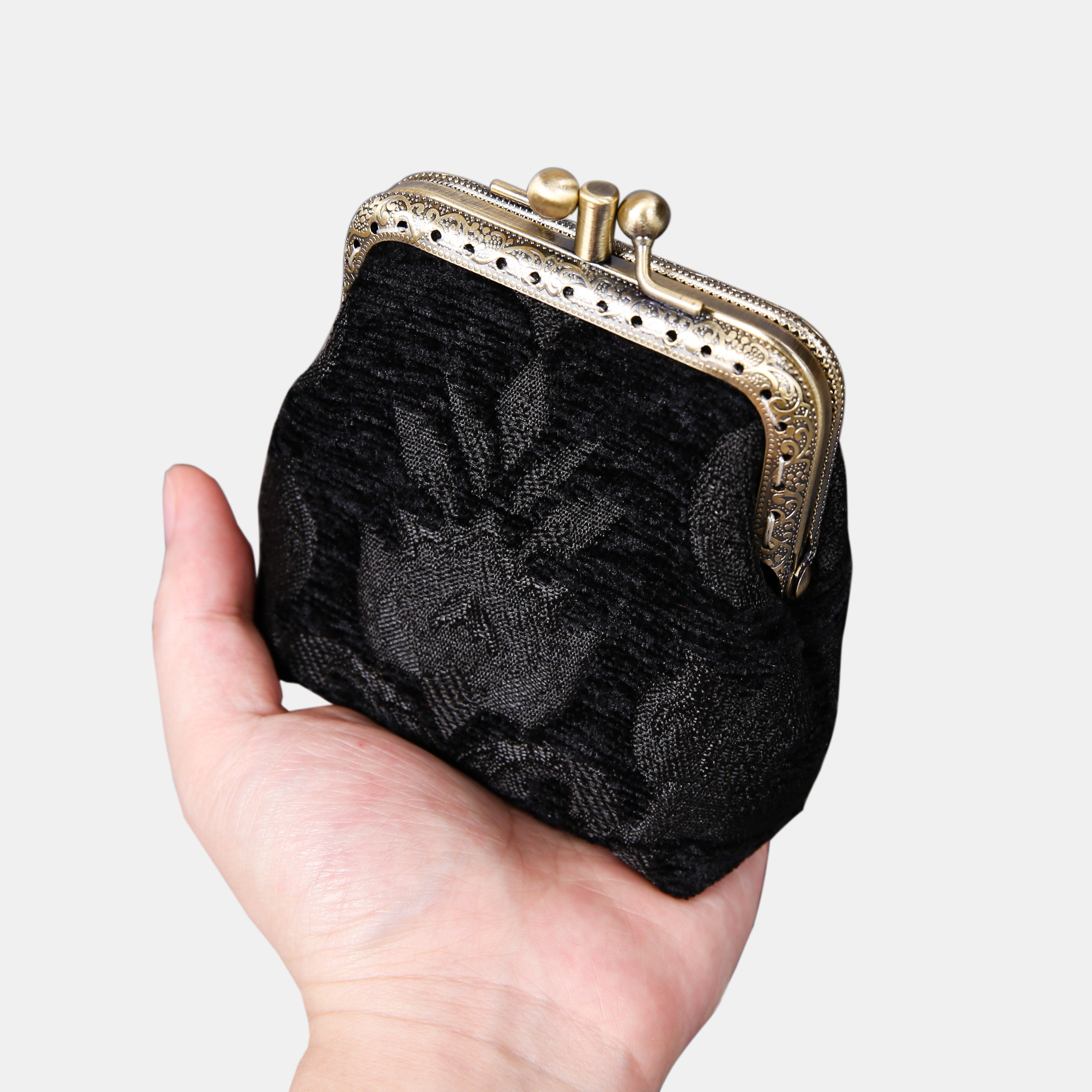 Victorian Blossom BLK/BLK Double Kiss Clasp Coin Purse on hand