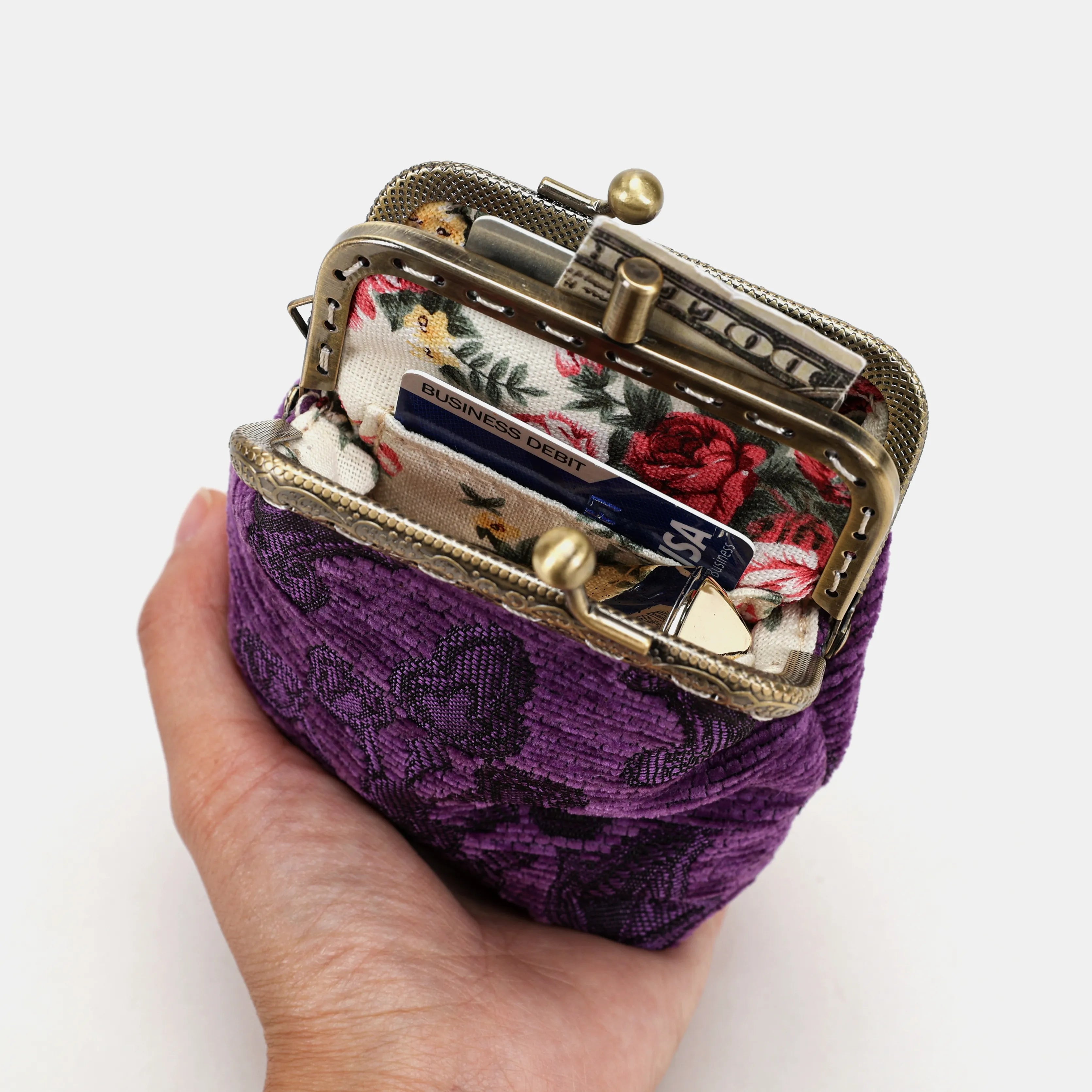 Victorian Blossom Purple Double Kiss Clasp Coin Purse Carpetbag of America holding