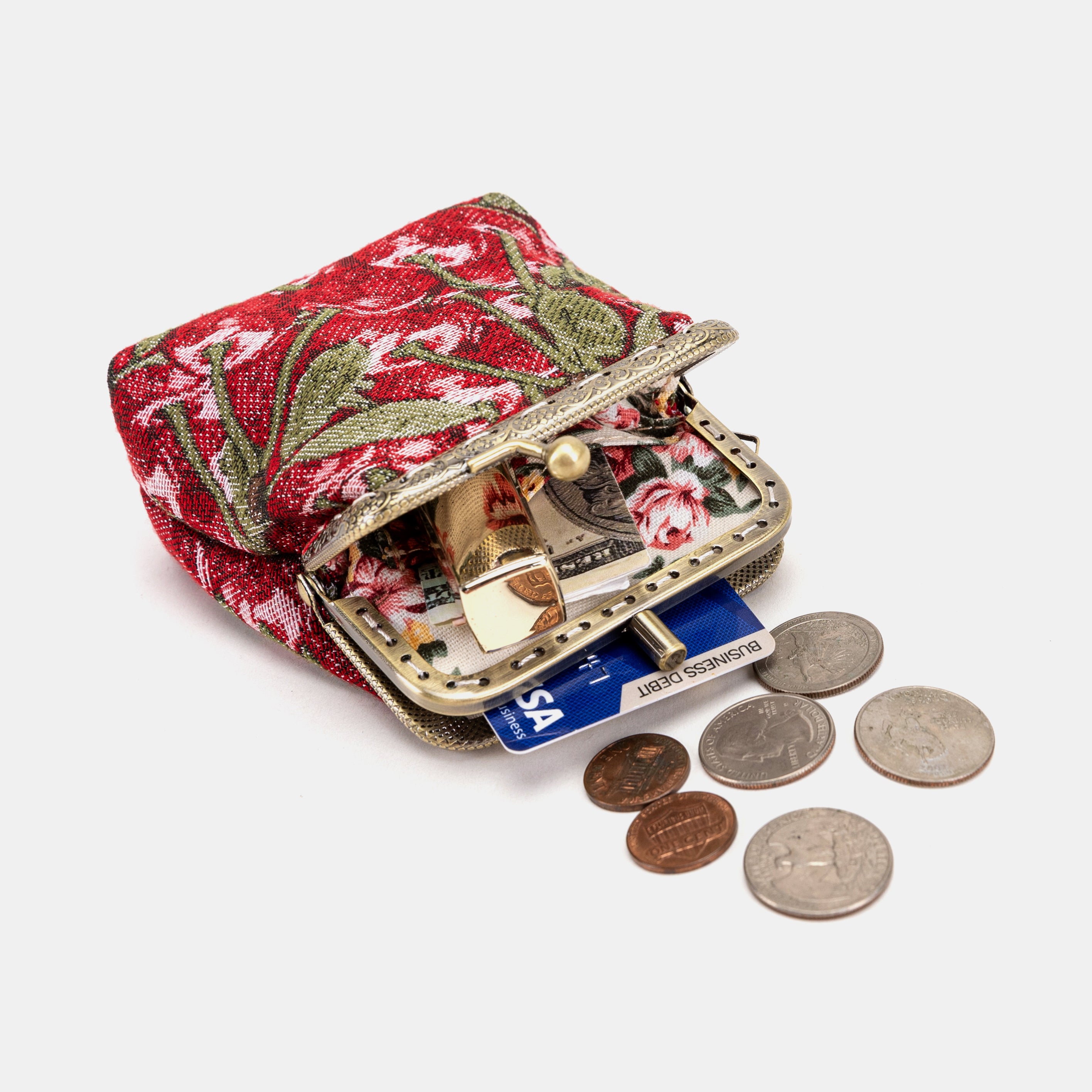 Cherry Cascade Double Kiss Clasp Coin Purse of America with coins