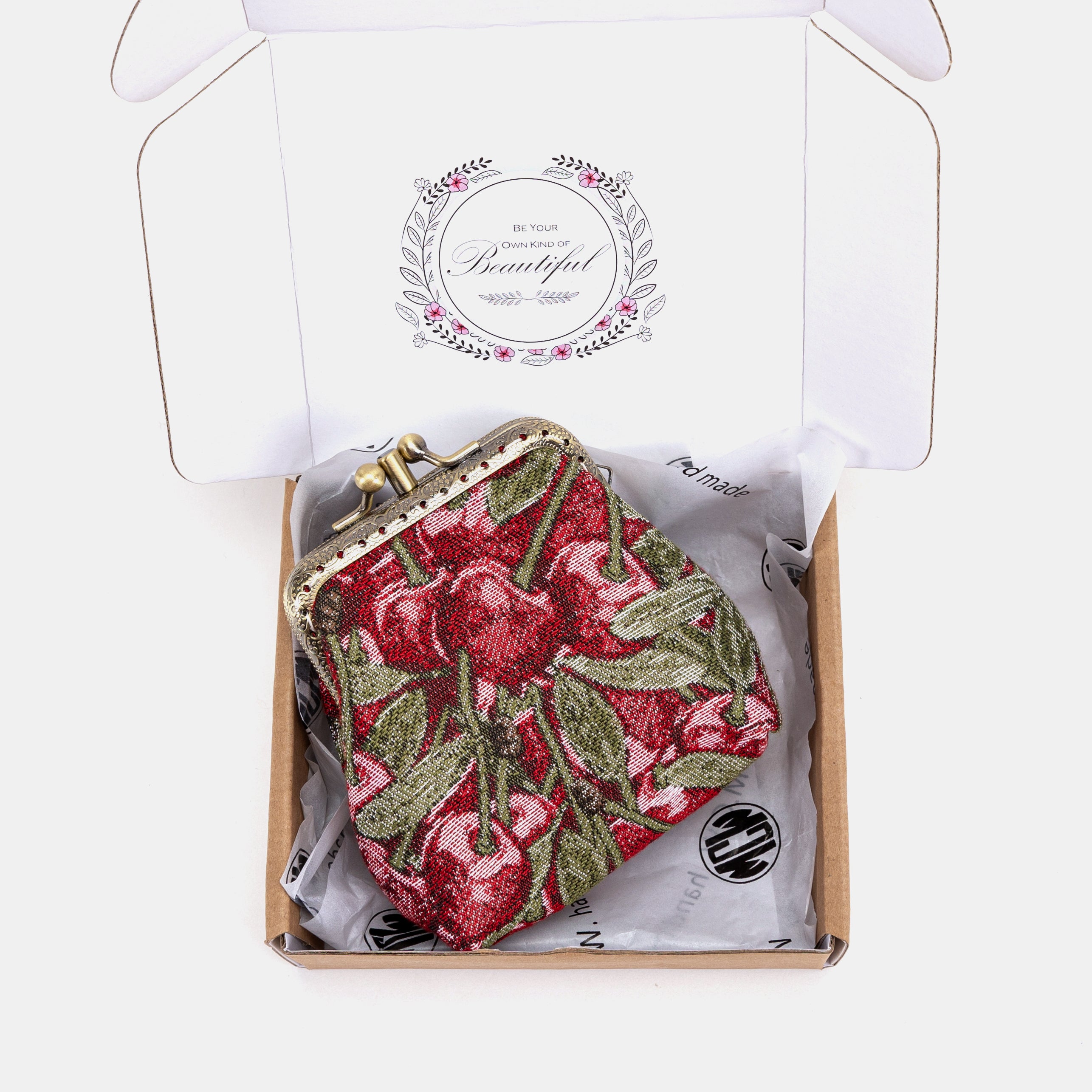 Cherry Cascade Double Kiss Clasp Coin Purse of America package