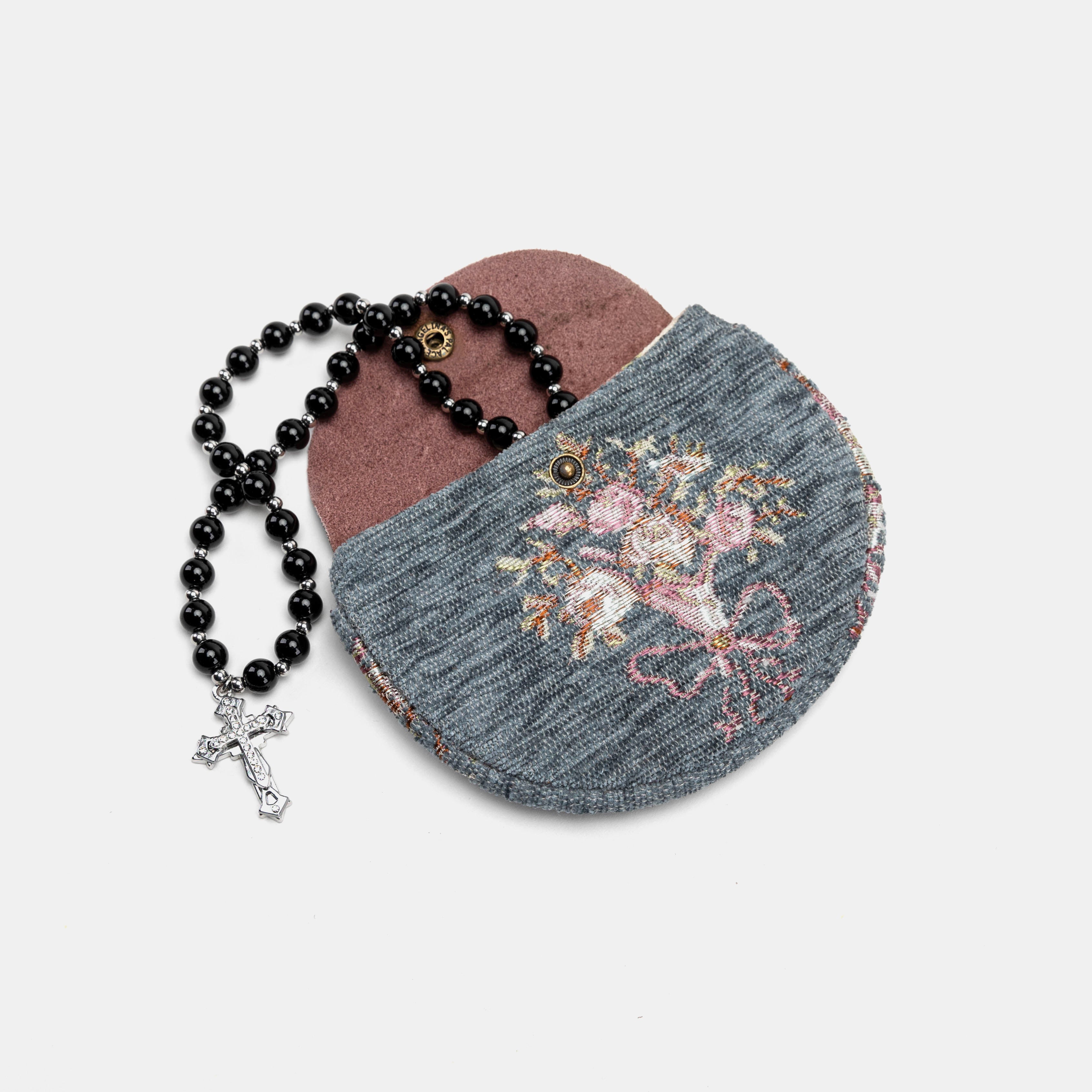Bouquet Pattern Rosary Bag Carpetbag of America grey with rosary beads