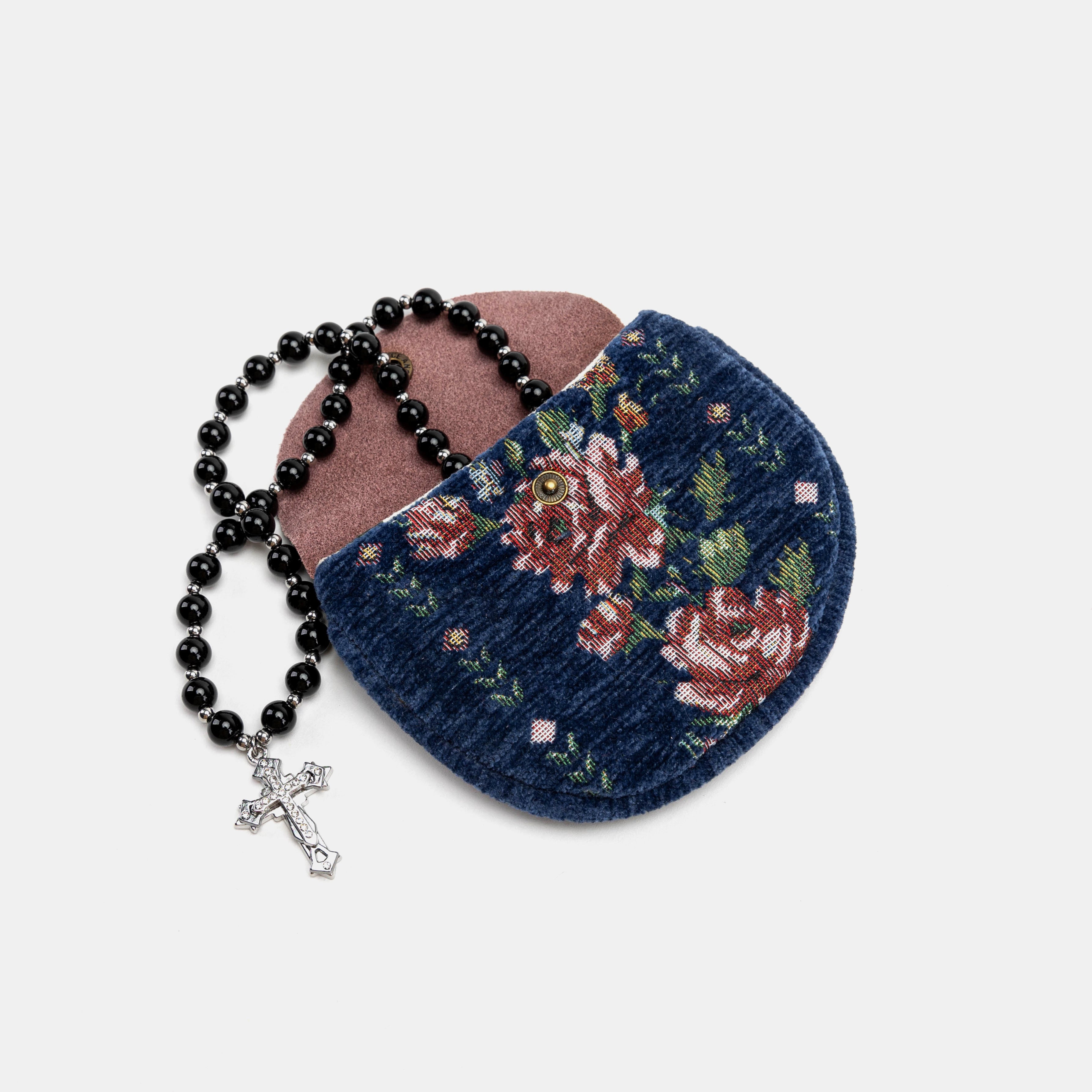 Rose Series Blue Rosary Bag Carpetbag of America  with rosary beads
