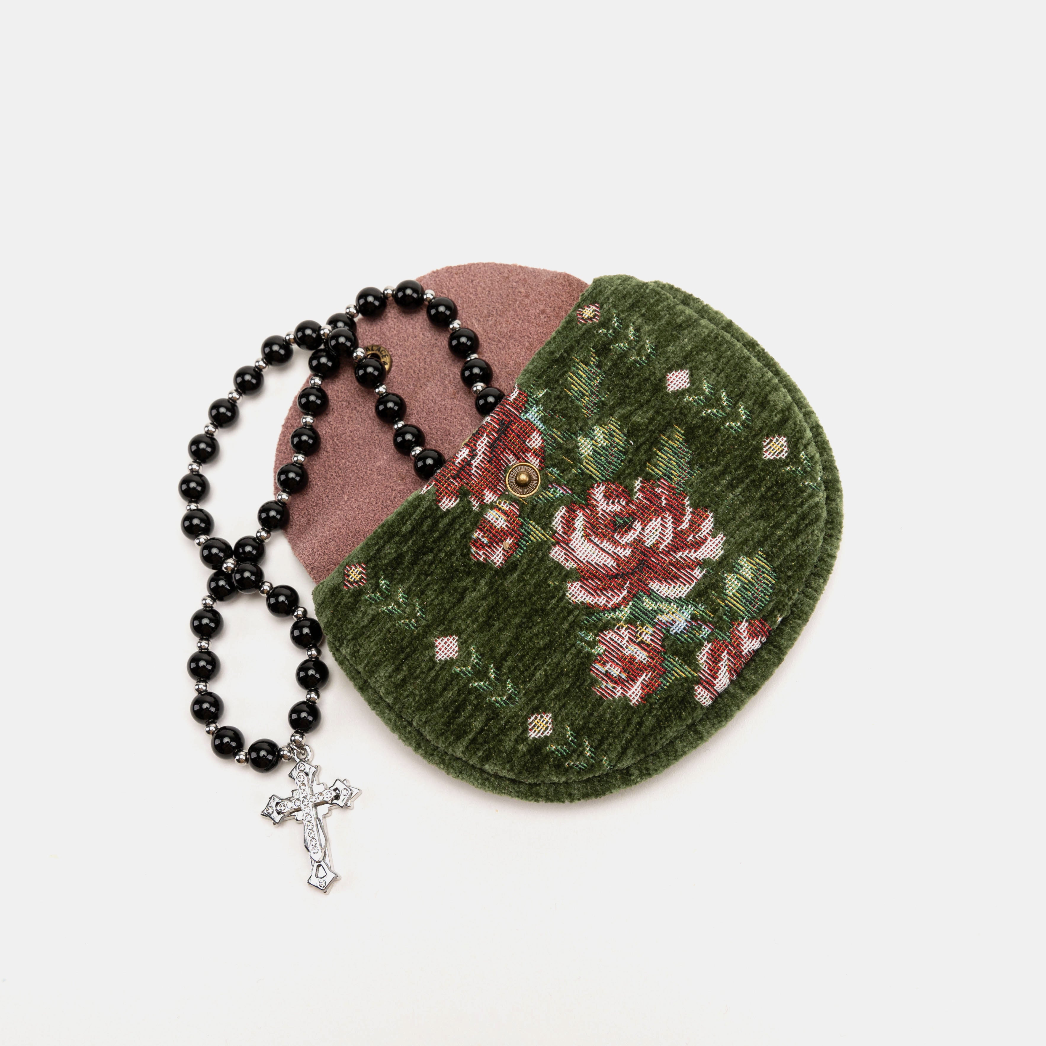 Rose Series Arugula Green Rosary Bag Carpetbag of America with rosary beads