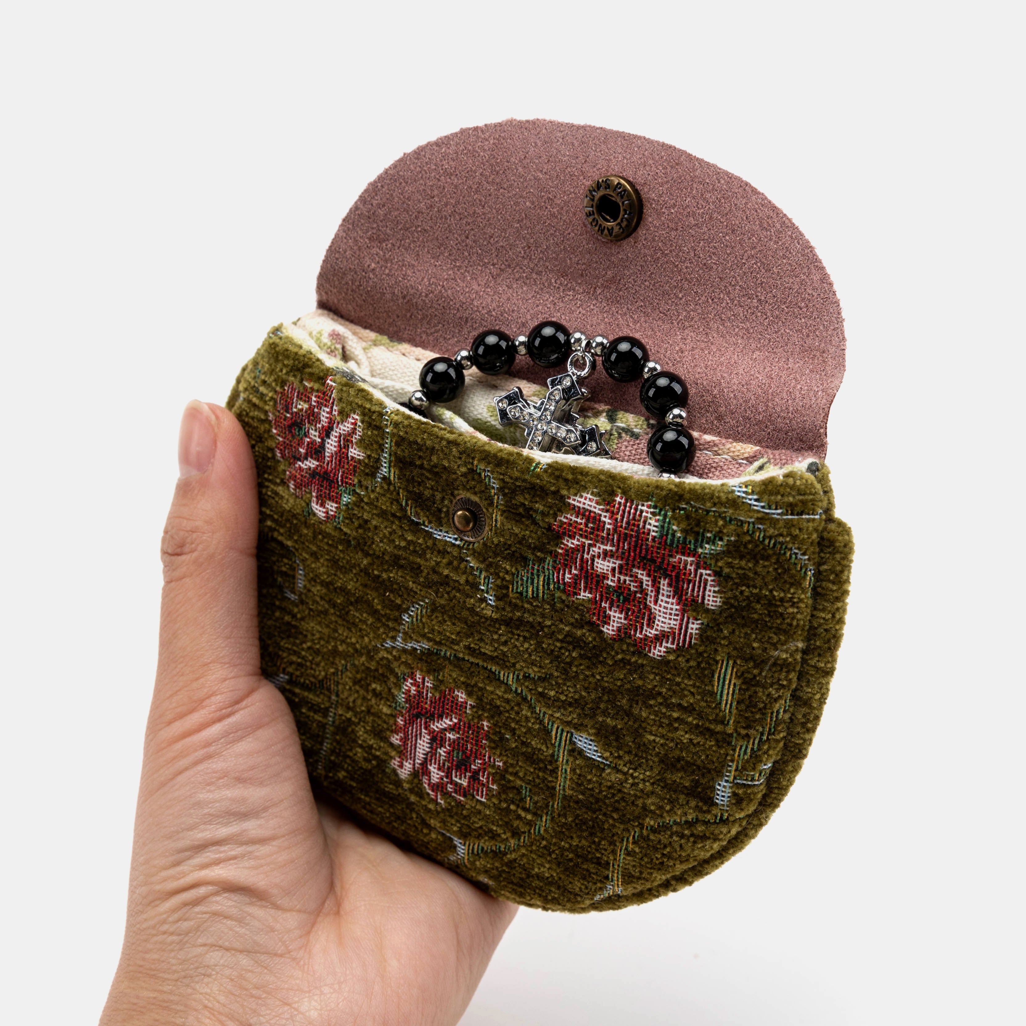 Rose Series Avocado Rosary Bag Carpetbag of America opening