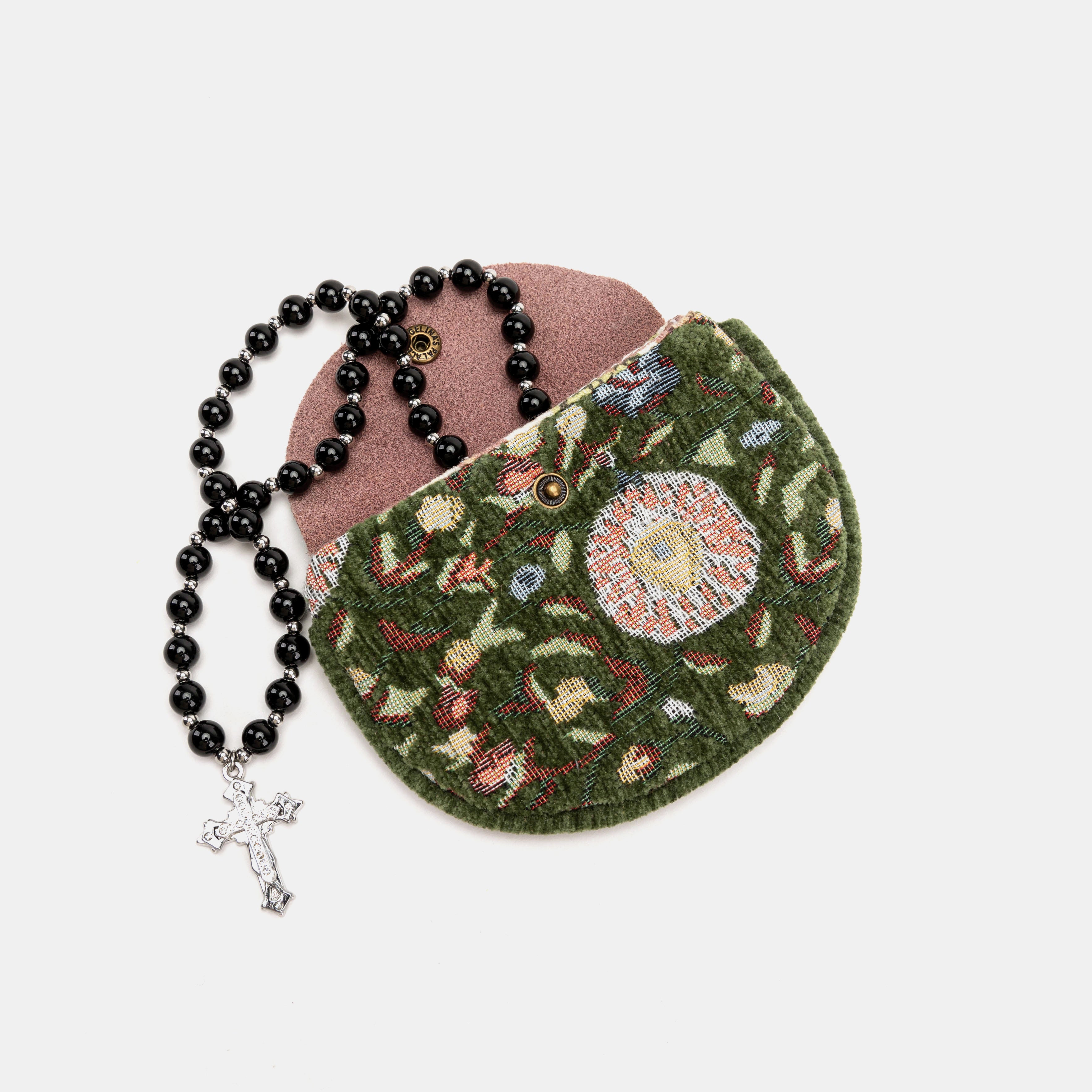 Oriental Pattern Rosary Bag Carpetbag of America with rosary beads
