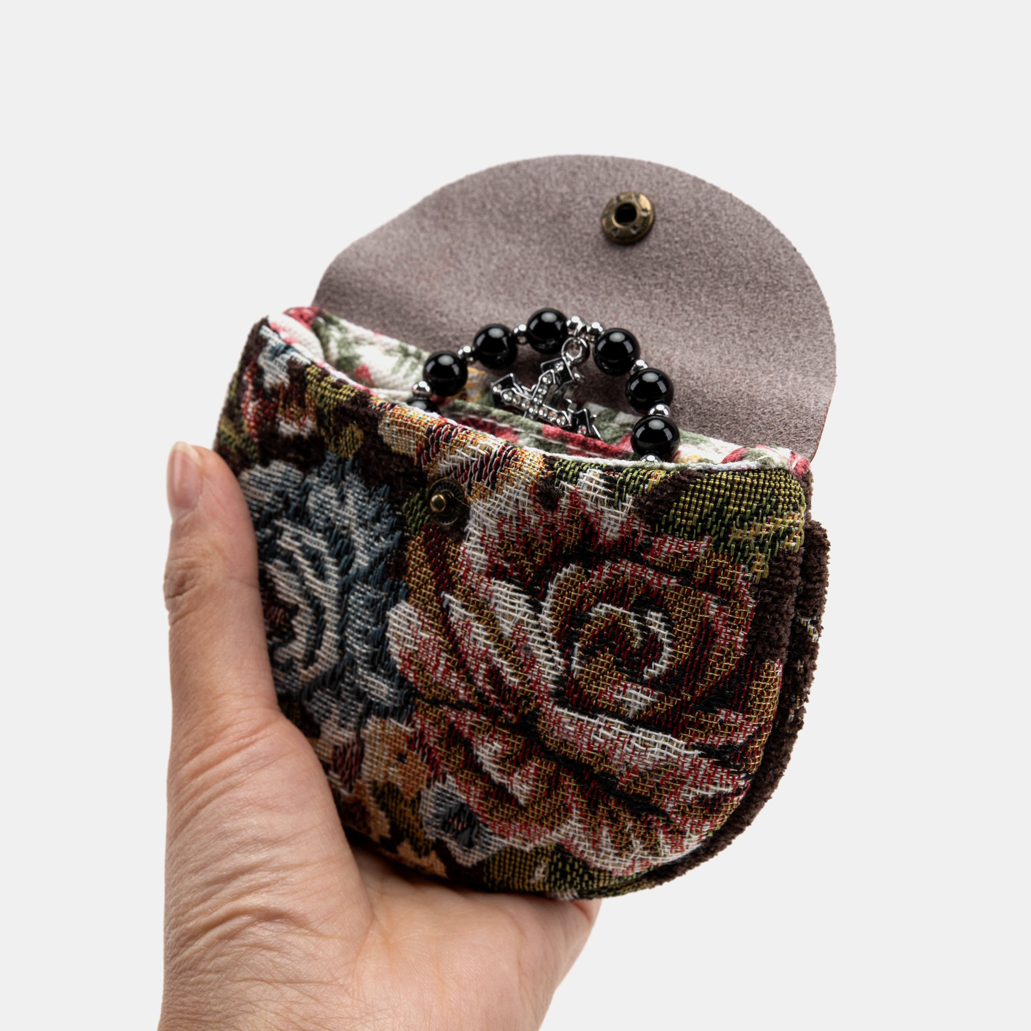 Floral Brown Rosary Bag Carpetbag of America opening
