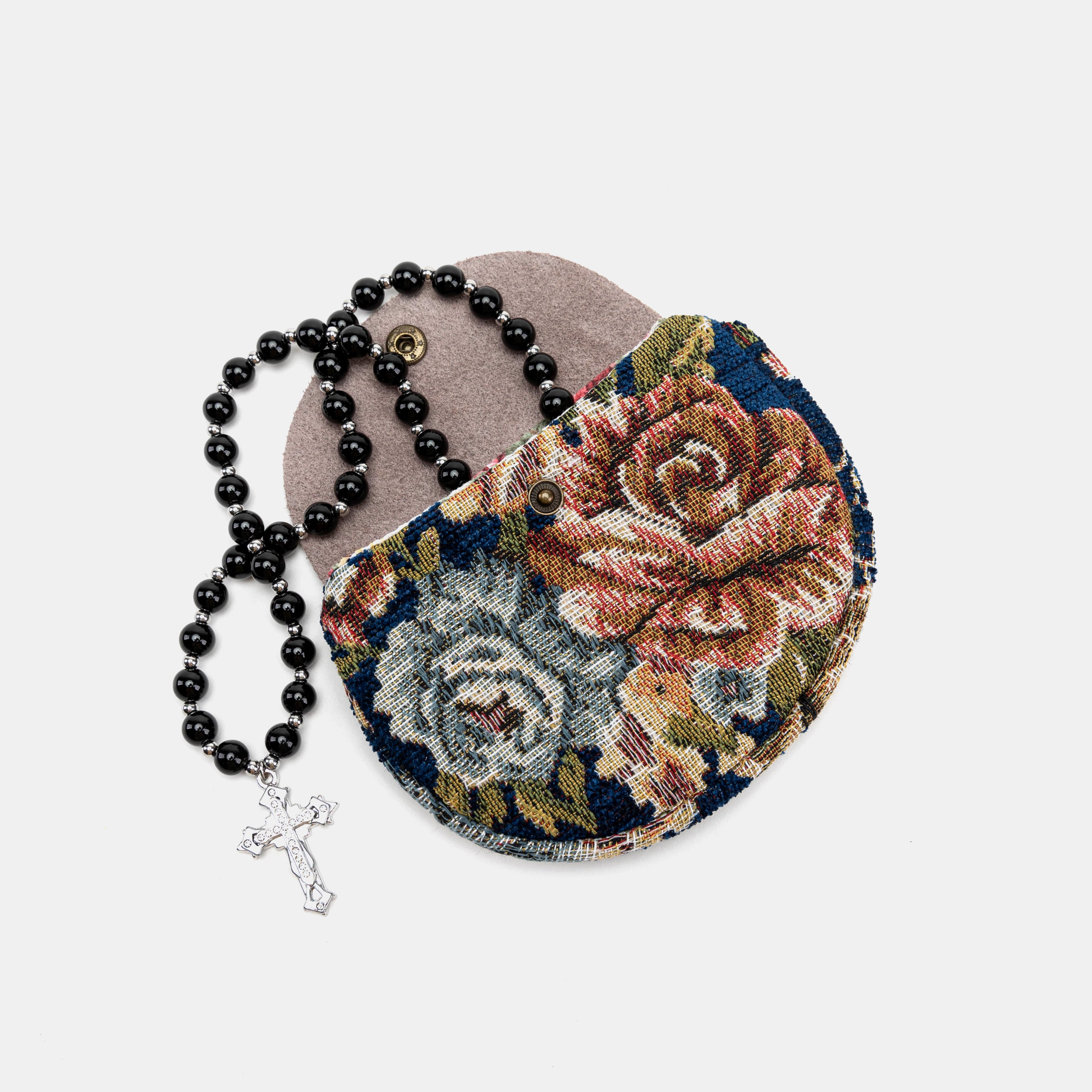 Floral Blue Rosary Bag Carpetbag of America with rosary beads
