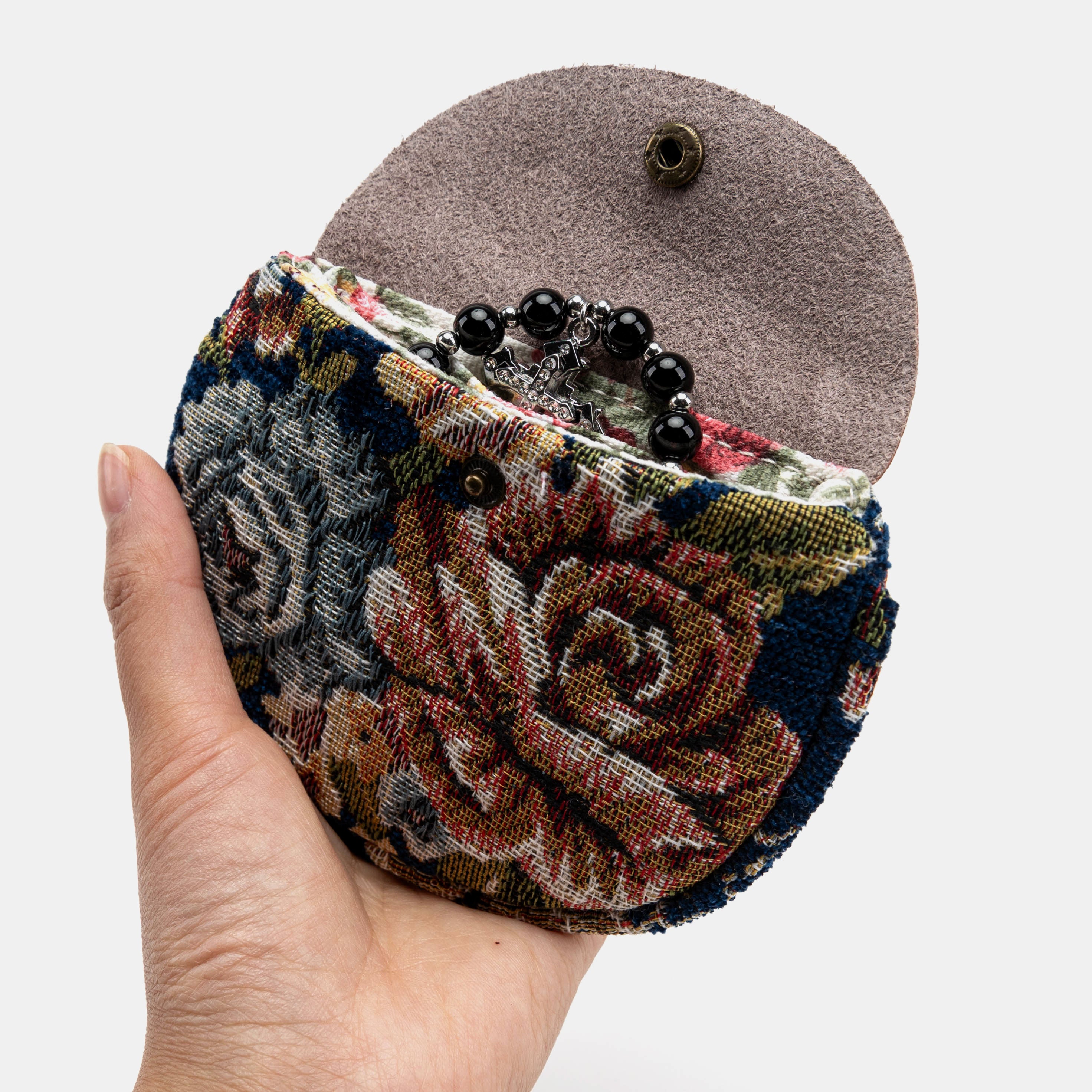 Floral Blue Rosary Bag Carpetbag of America in use