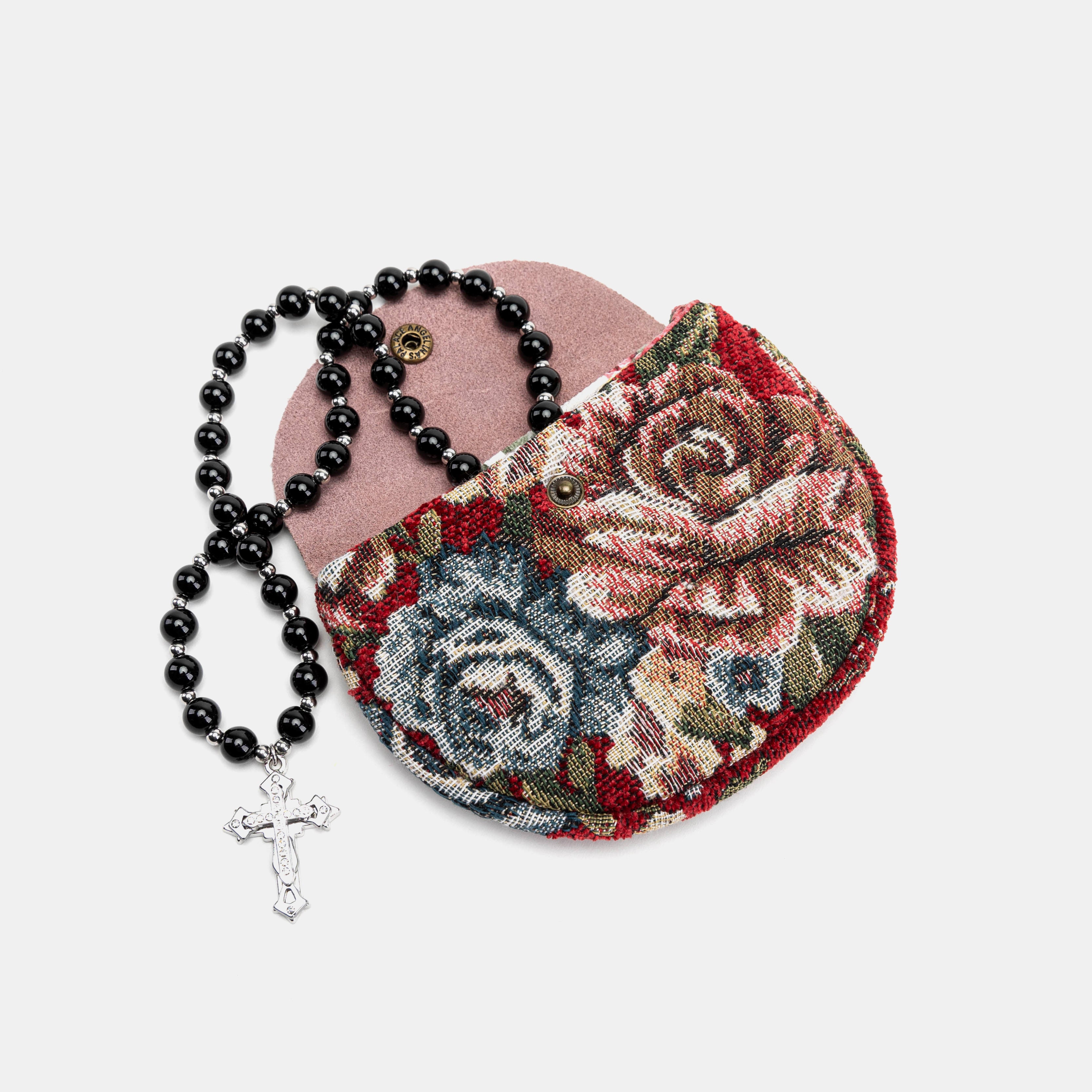 Floral Red Rosary Bag Carpetbag of America with rosary beads
