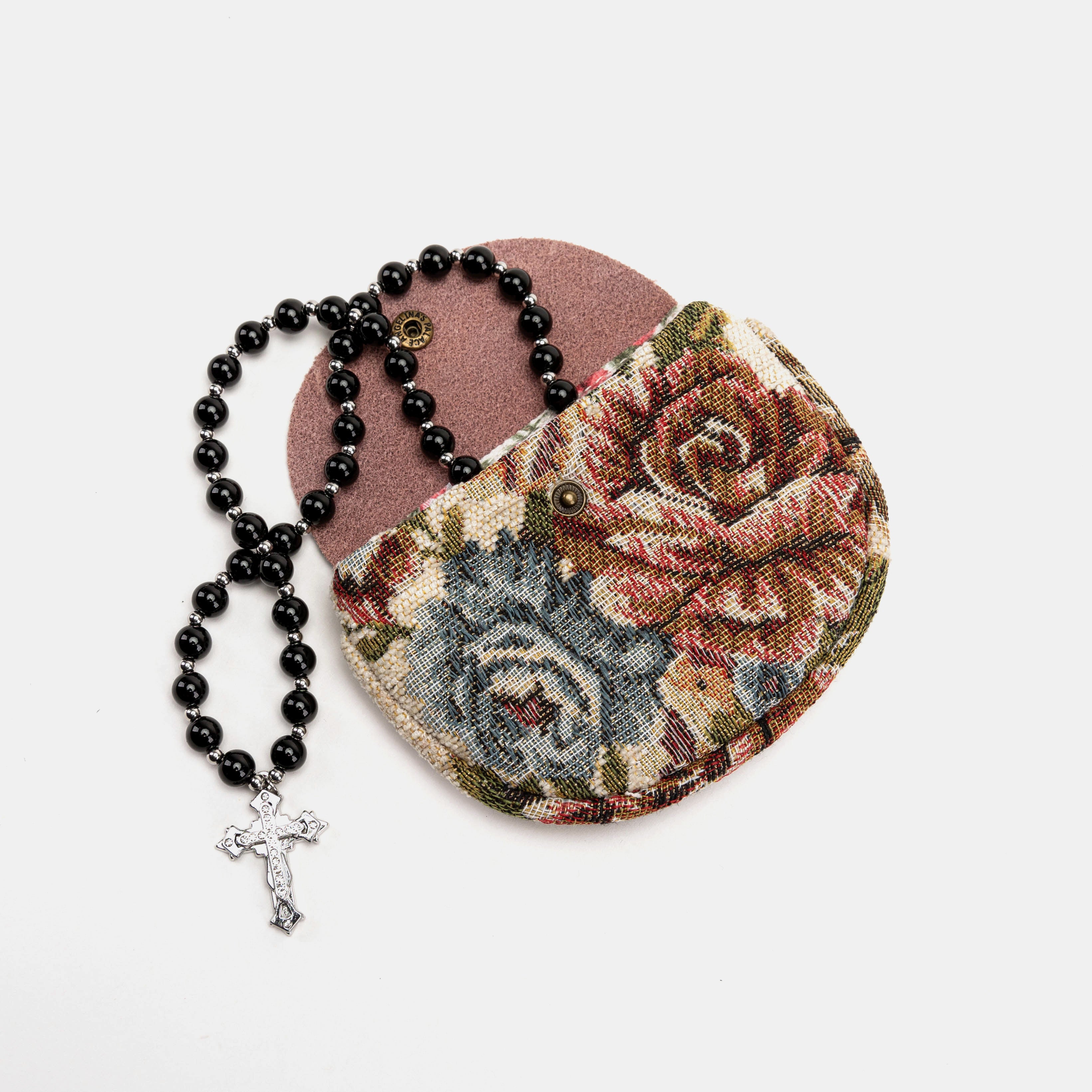 Floral Cream Rosary Bag Carpetbag of America with rosary beads