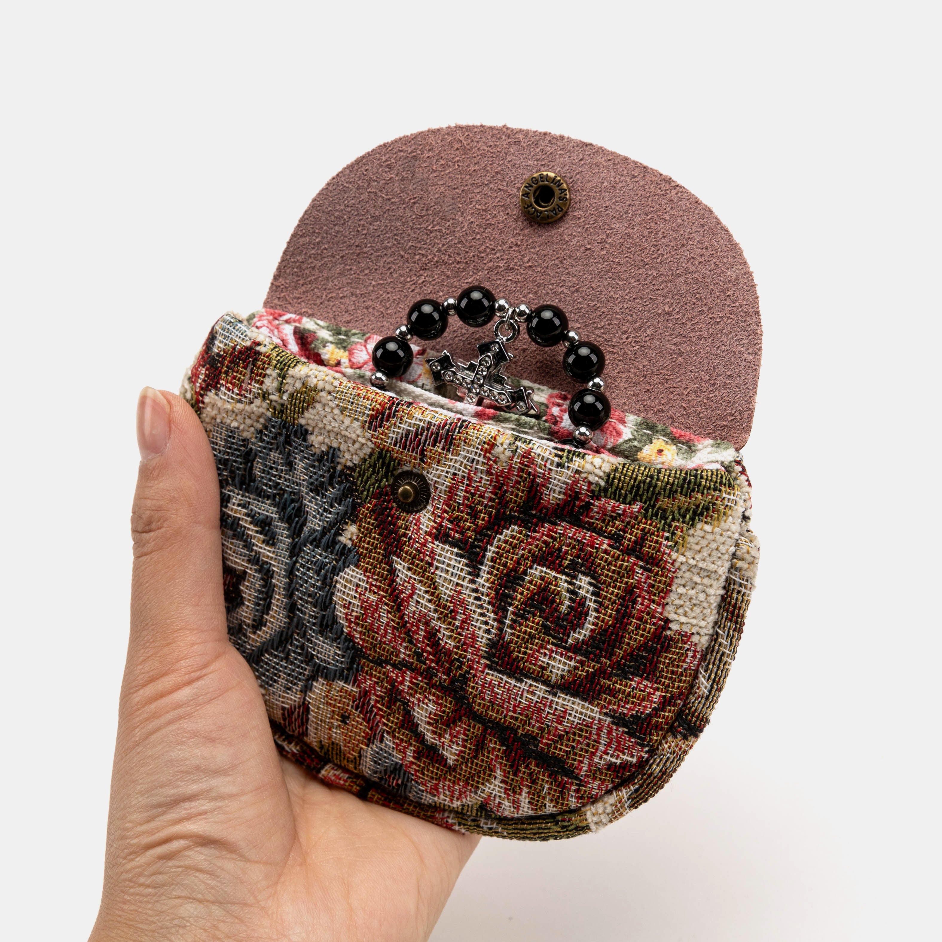 Floral Cream Rosary Bag Carpetbag of America opening